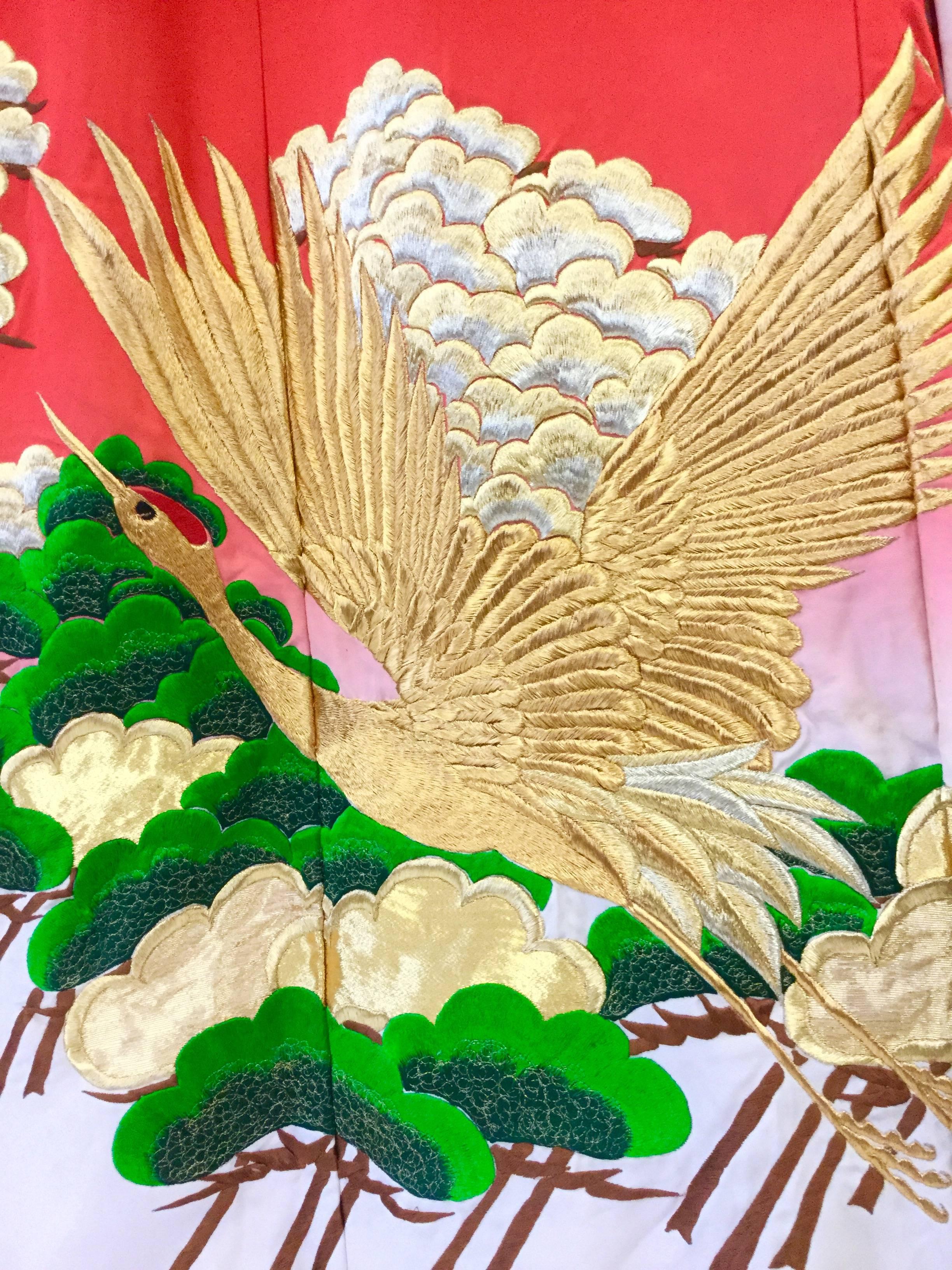 Beige Vintage Japanese Red Ombre Uchikake Wedding Kimono with Gold Cranes