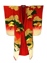Vintage Japanese Red Ombre Uchikake Wedding Kimono with Gold Cranes