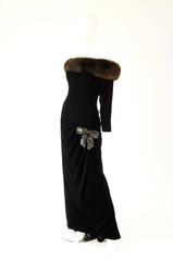 1987 NWT Sample Victor Costa Black Velvet, Fur, Sequin Bow Evening Dress Unworn
