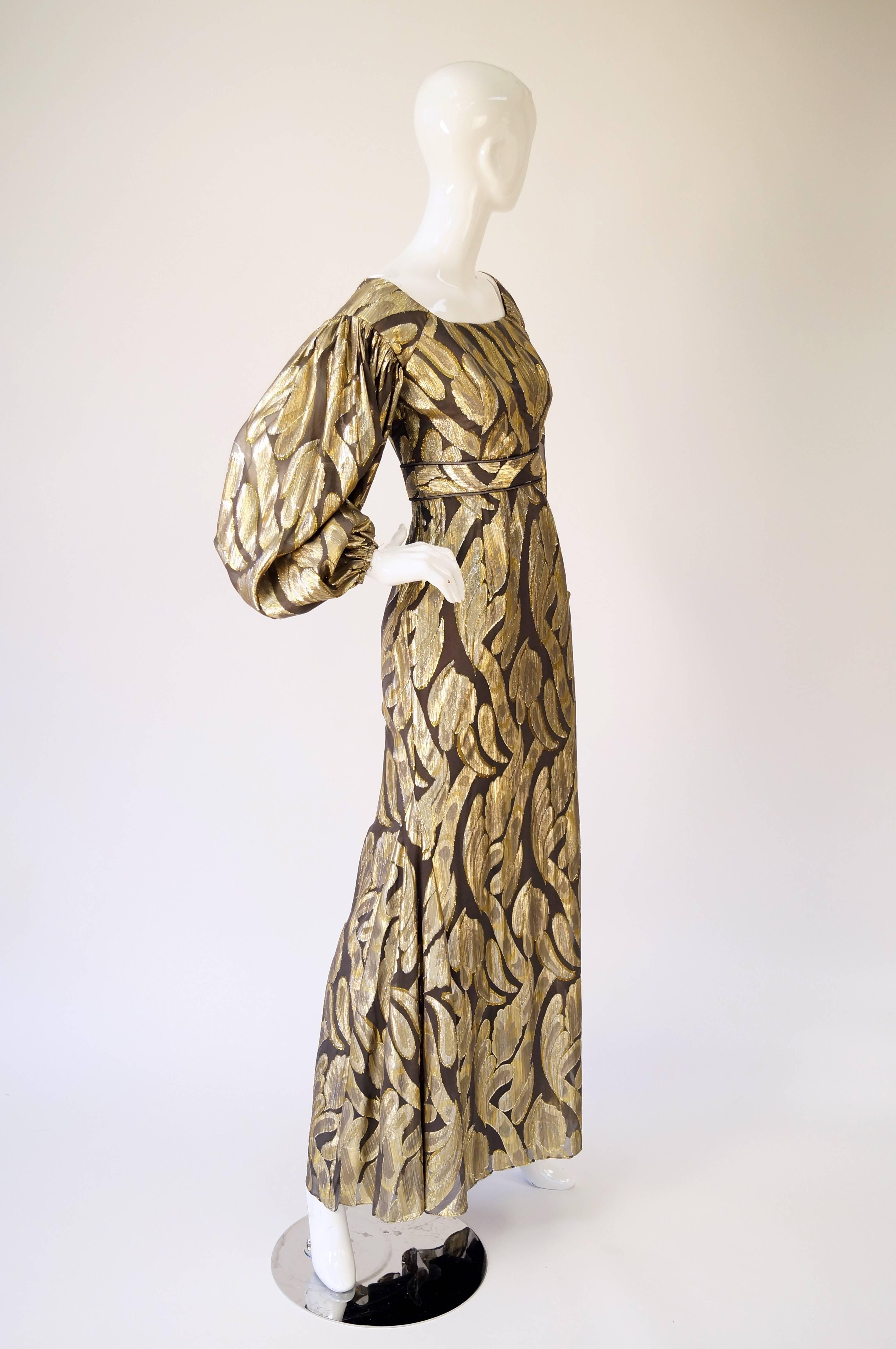 Beige Vintage Chocolate Brown and Gold Abstract Floral Evening Dress