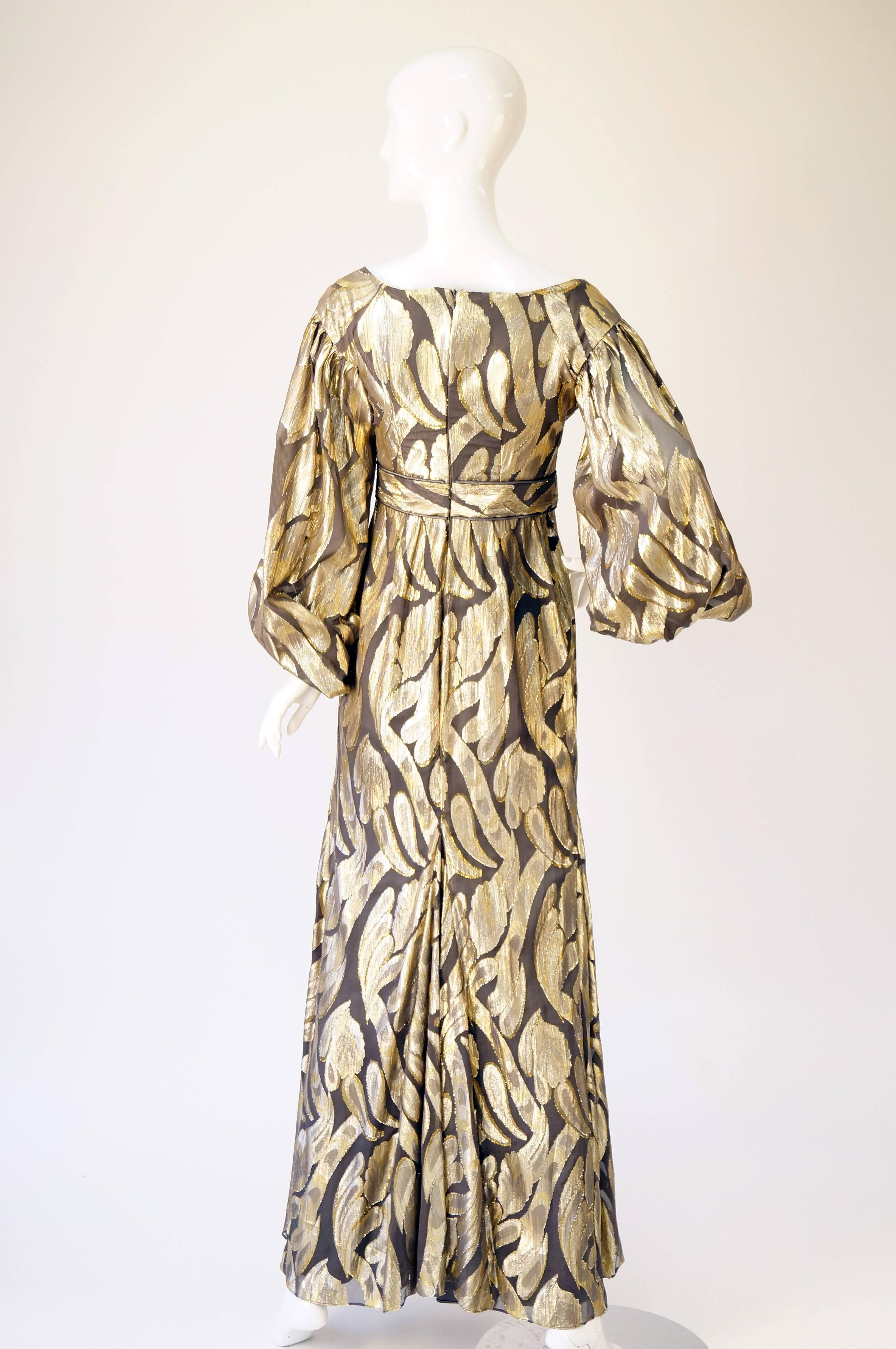 Vintage Chocolate Brown and Gold Abstract Floral Evening Dress In Excellent Condition In Houston, TX