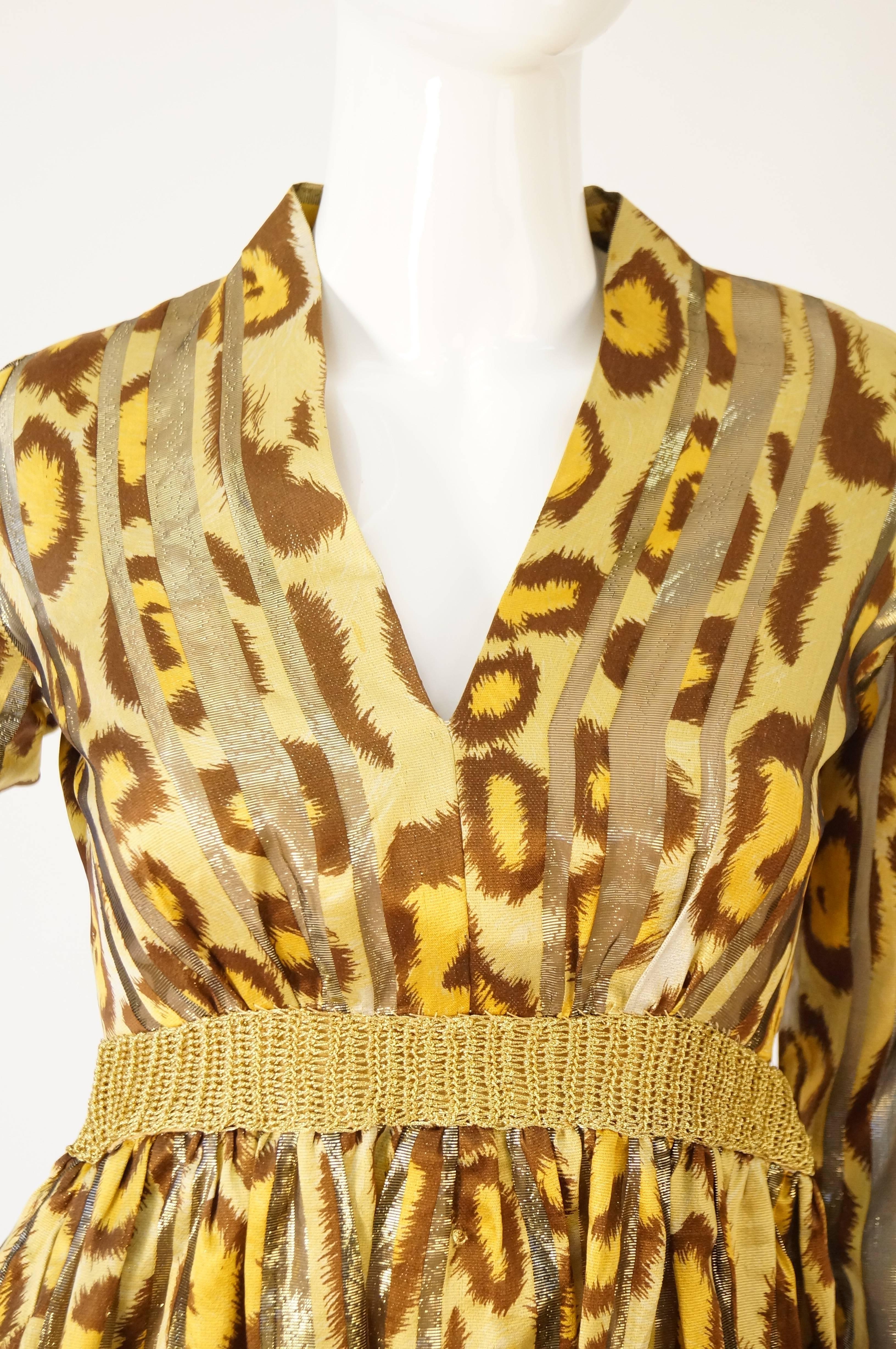 1970s Gold Leopard Print and Stripes Dress  In Good Condition For Sale In Houston, TX