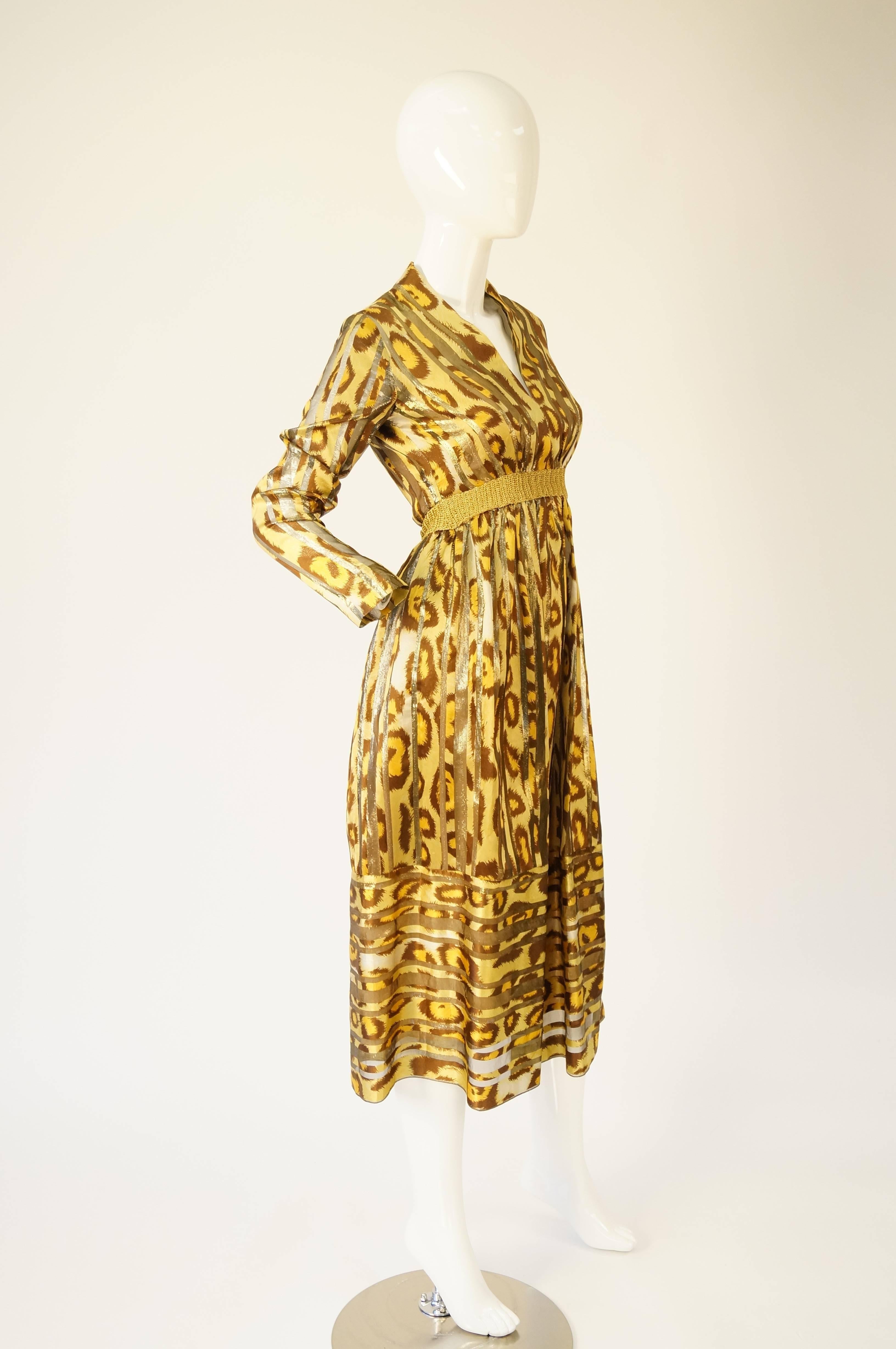 Brown 1970s Gold Leopard Print and Stripes Dress  For Sale