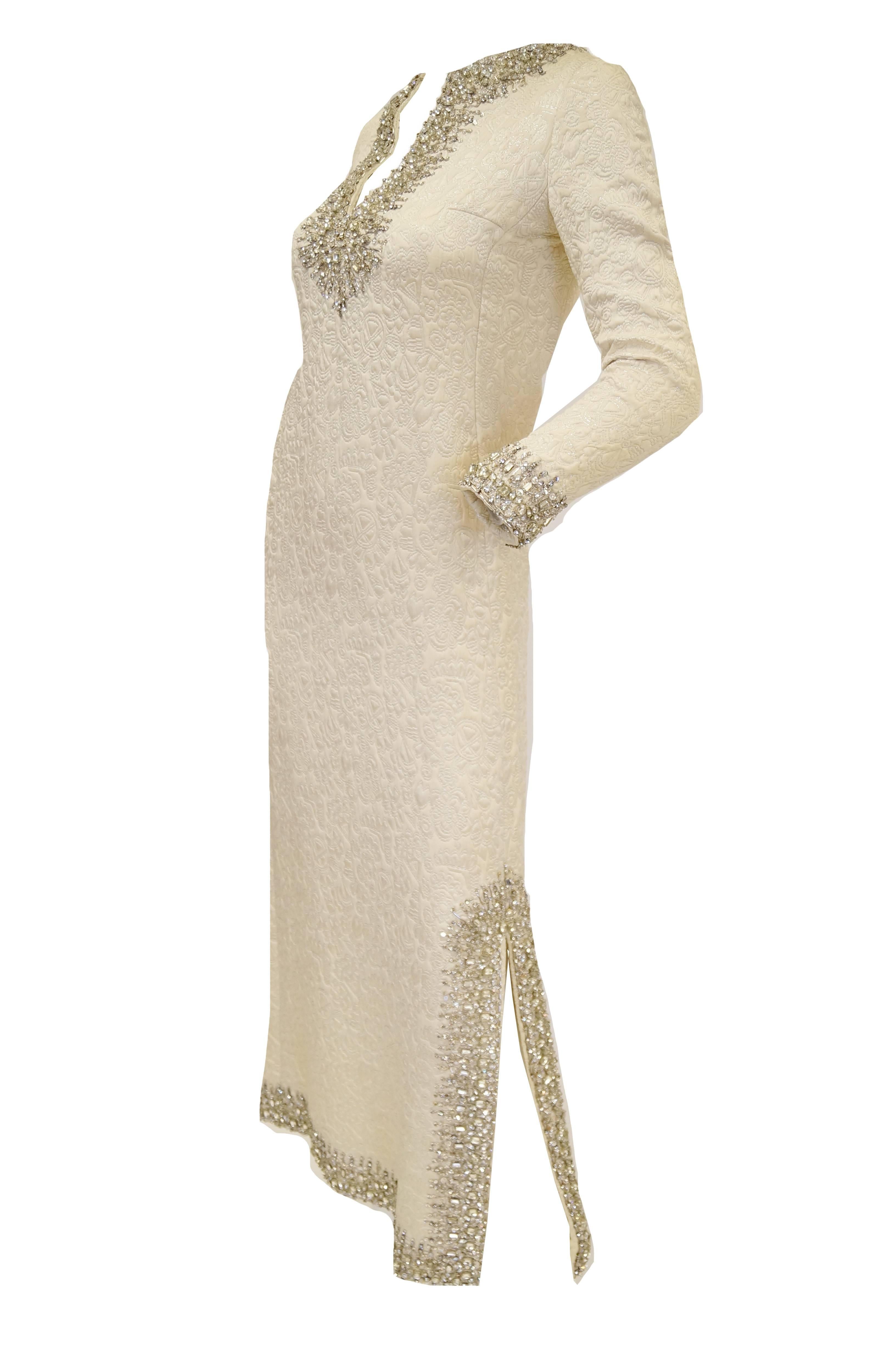 1960s Marie McCarthy for Larry Aldrich Ivory and Silver Sequin Evening Dress 1