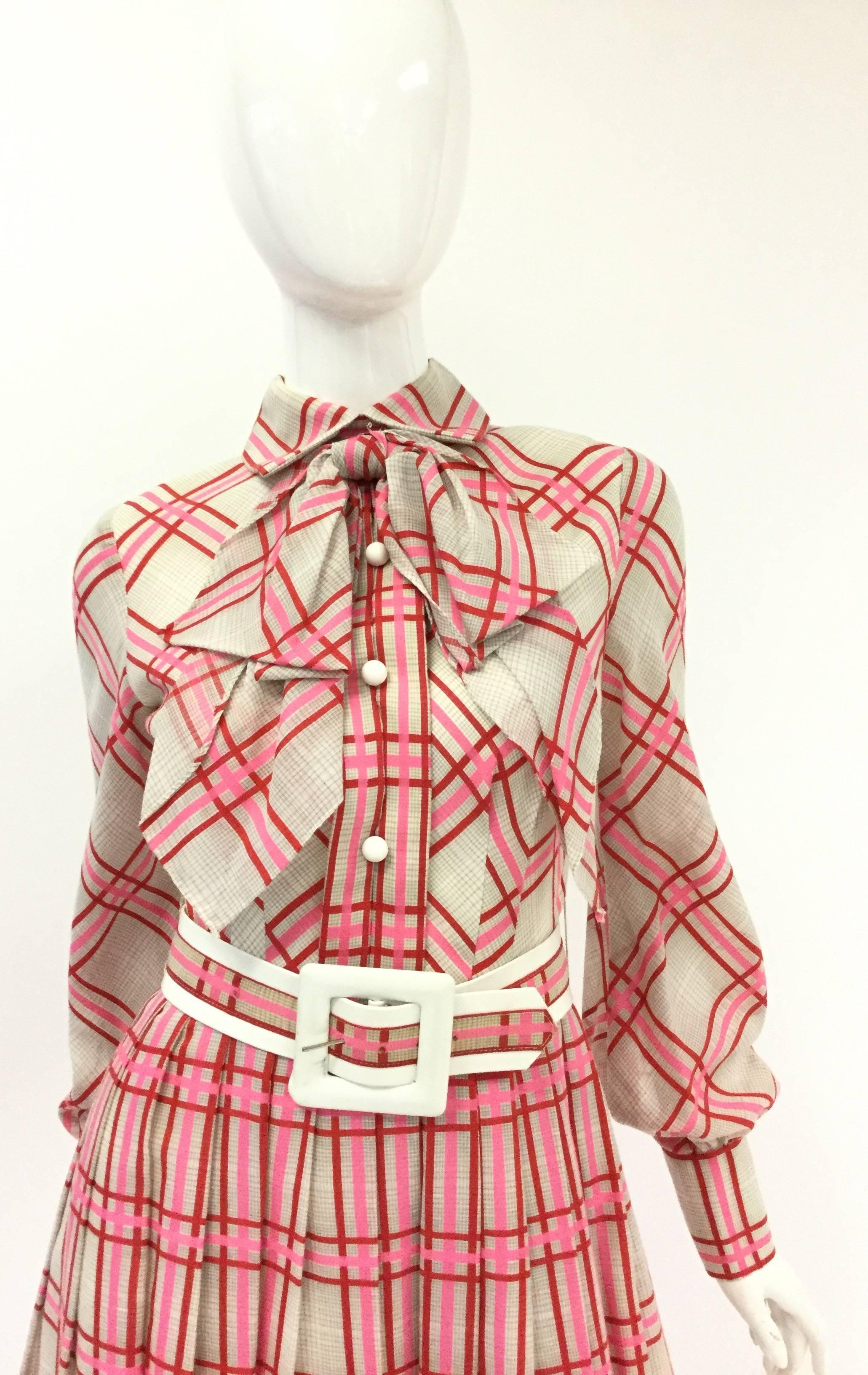 Women's Victor Costa Pink Plaid Bow Collar Dress with Belt, 1970s 