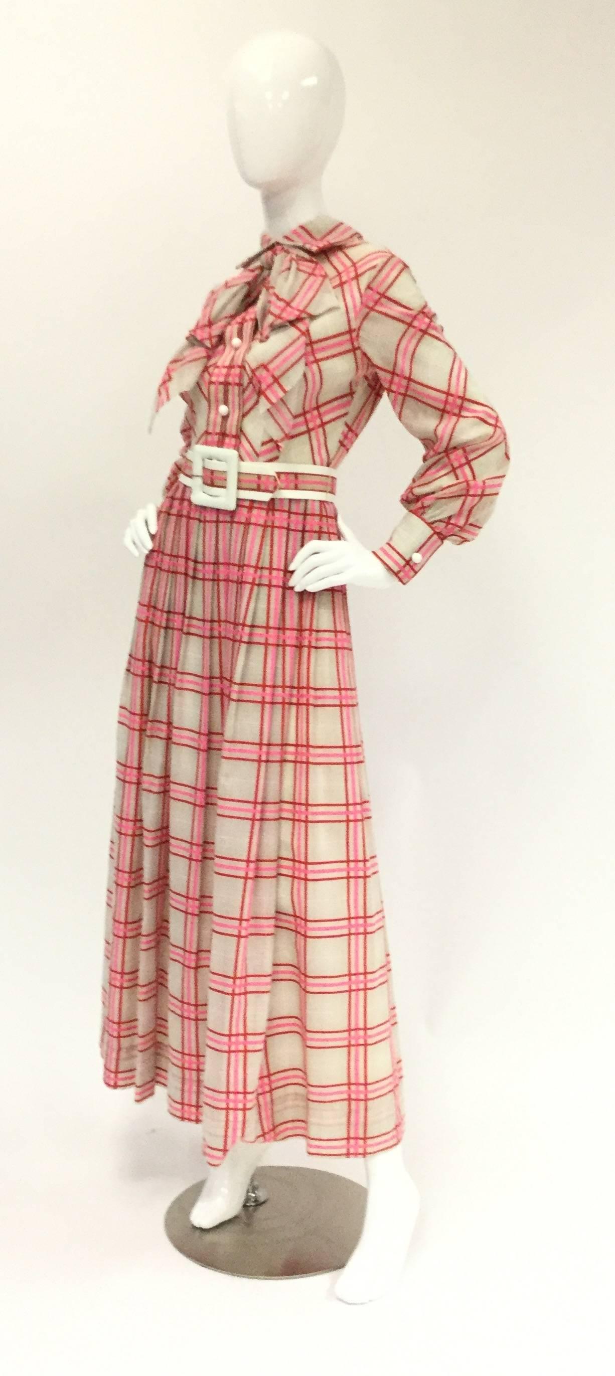 Beige Victor Costa Pink Plaid Bow Collar Dress with Belt, 1970s 