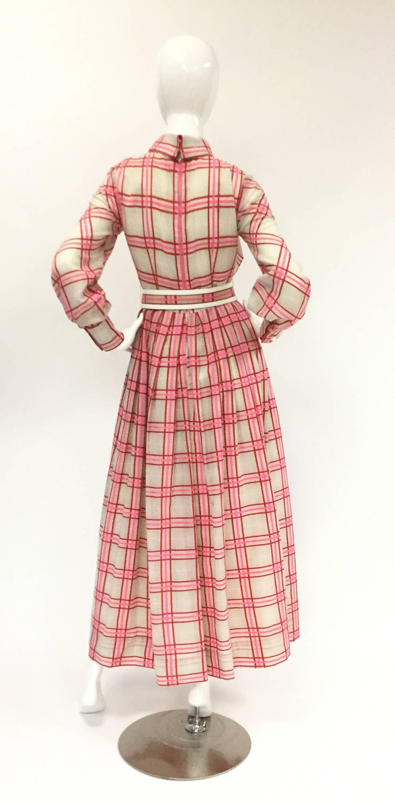 Victor Costa Pink Plaid Bow Collar Dress with Belt, 1970s  In Excellent Condition In Houston, TX