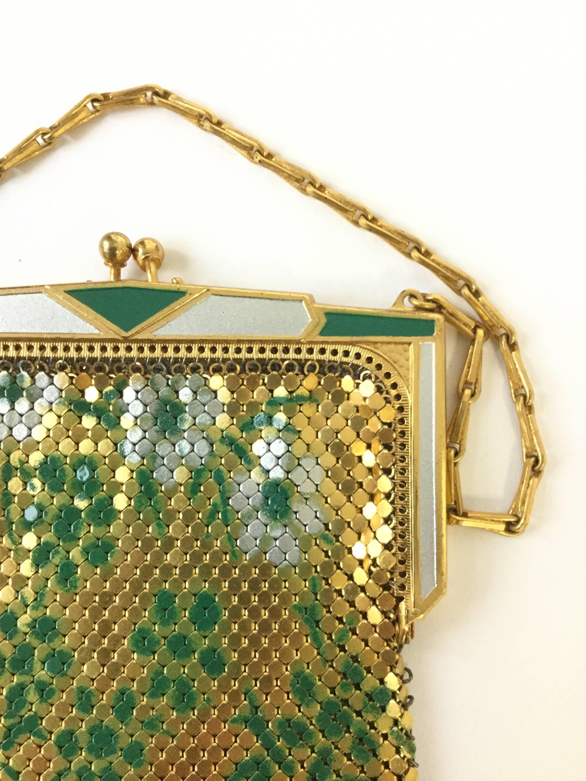 Brown 1920s Whiting and Davis Floral Enamel Gold Art Deco Mesh Purse