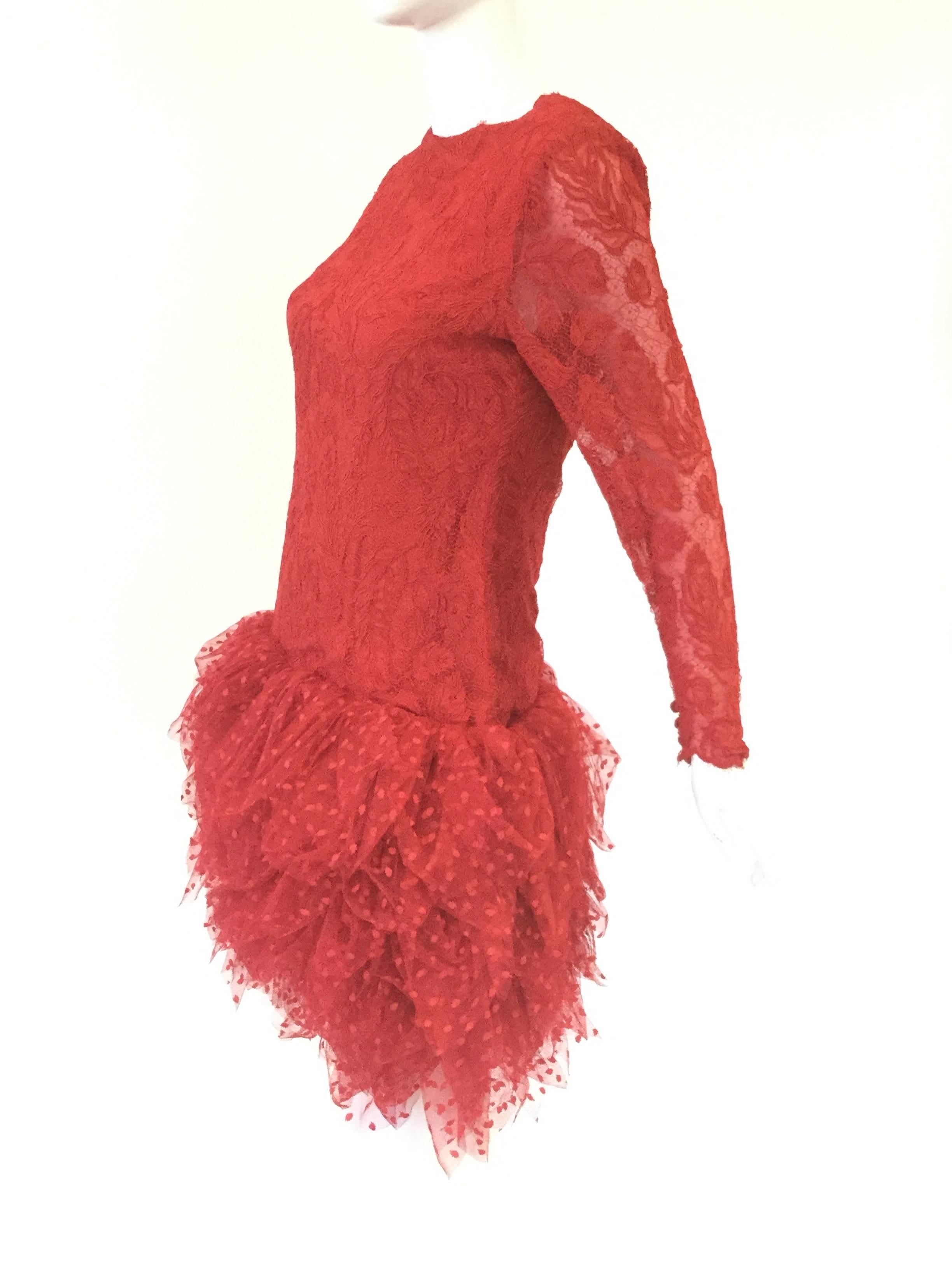 1980s Bill Blass Red Lace and Polkadot Tulle Cocktail Evening Dress In Excellent Condition In Houston, TX