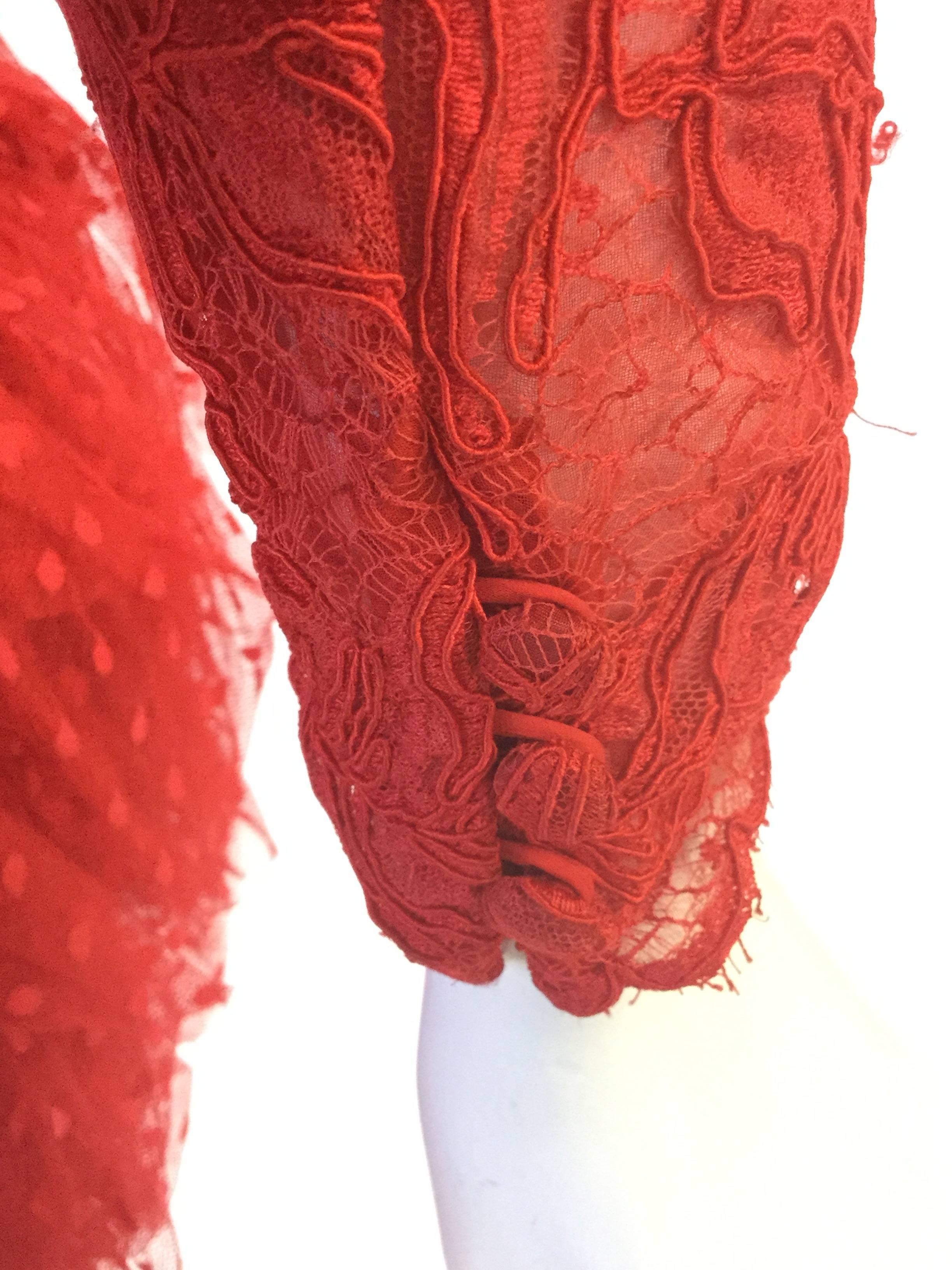 Women's 1980s Bill Blass Red Lace and Polkadot Tulle Cocktail Evening Dress