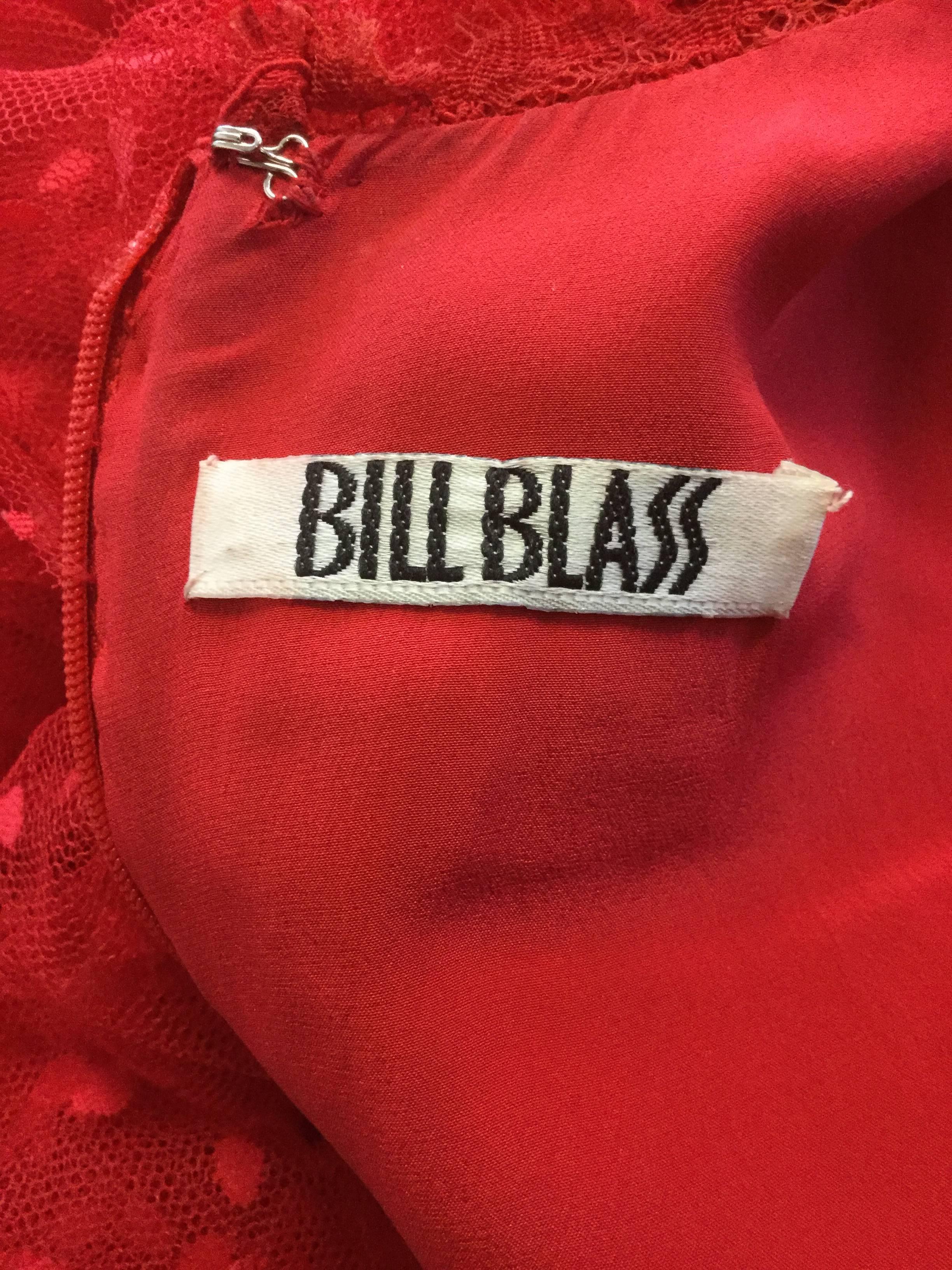 1980s Bill Blass Red Lace and Polkadot Tulle Cocktail Evening Dress 2