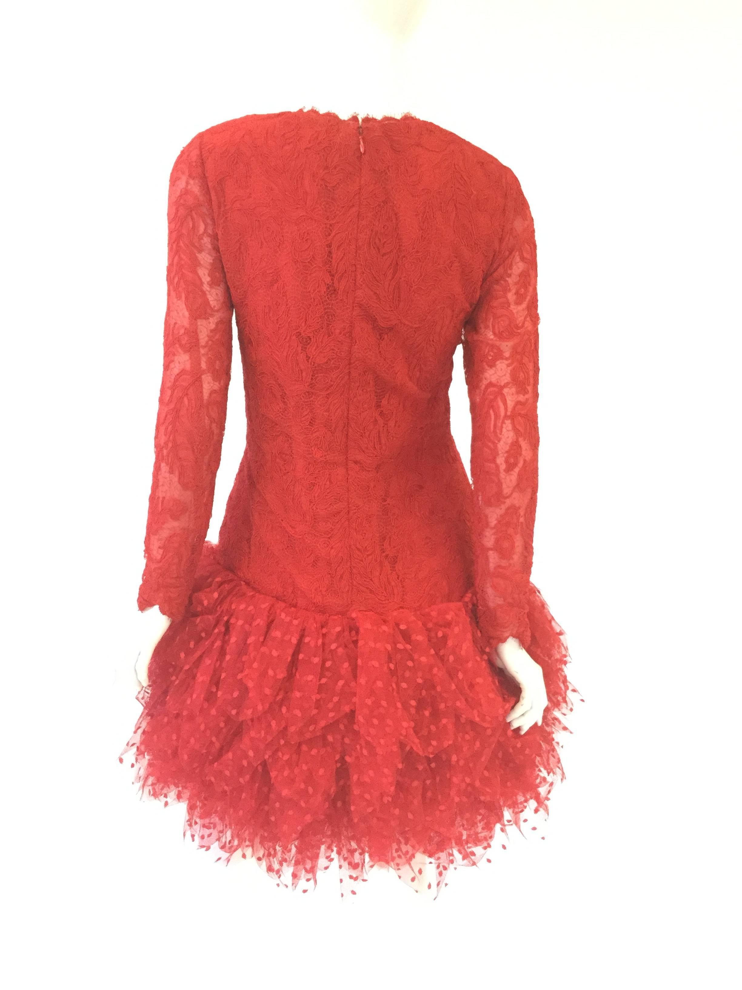 1980s Bill Blass Red Lace and Polkadot Tulle Cocktail Evening Dress 1