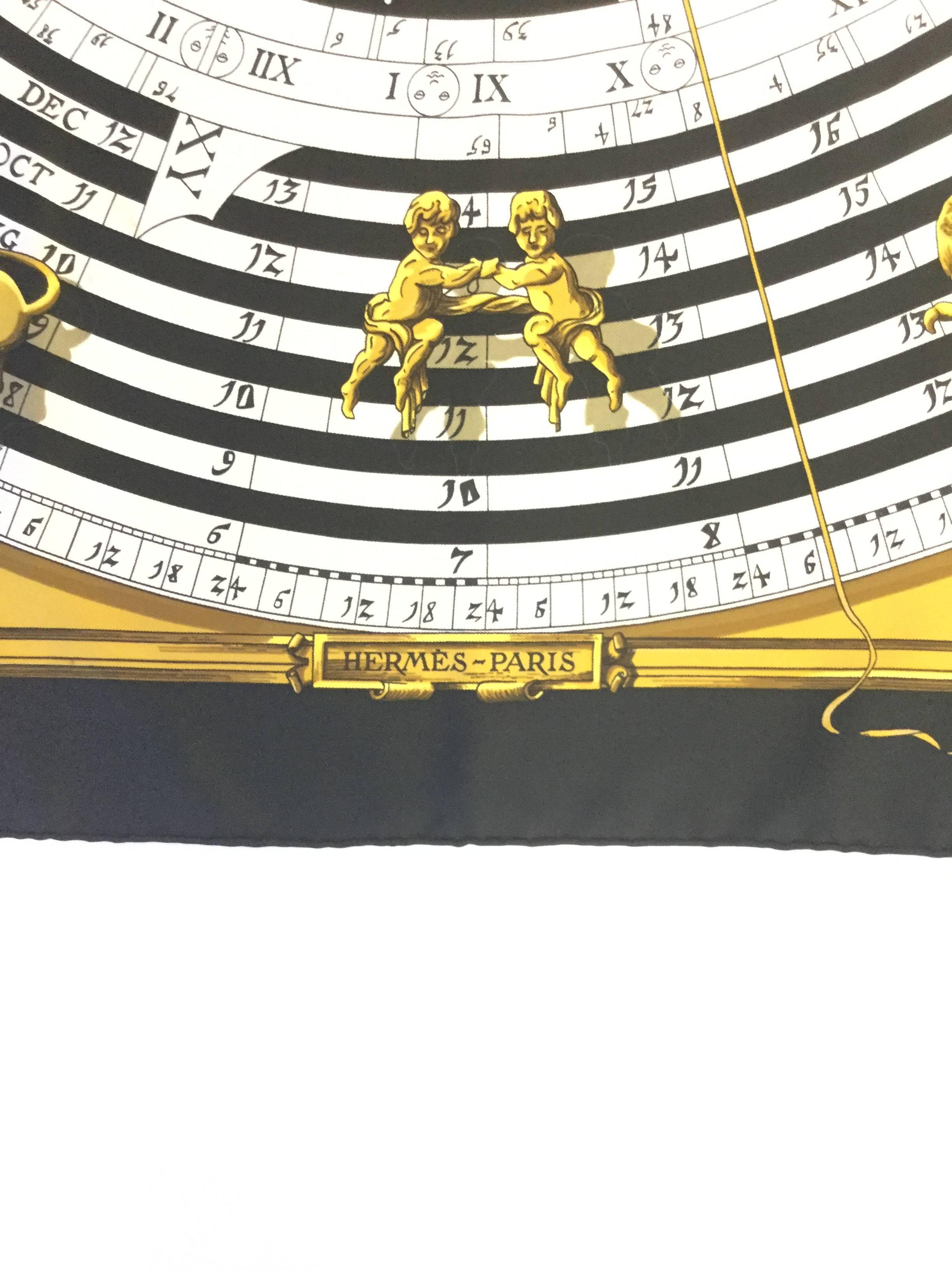 Iconic silk scarf by Hermes! The scarf, titled "Astrologie" or also known as & "Dies et Hors" or "Days and Hours" depicts a circular calendar complete with astrological signs. The scarf first rose to fame when