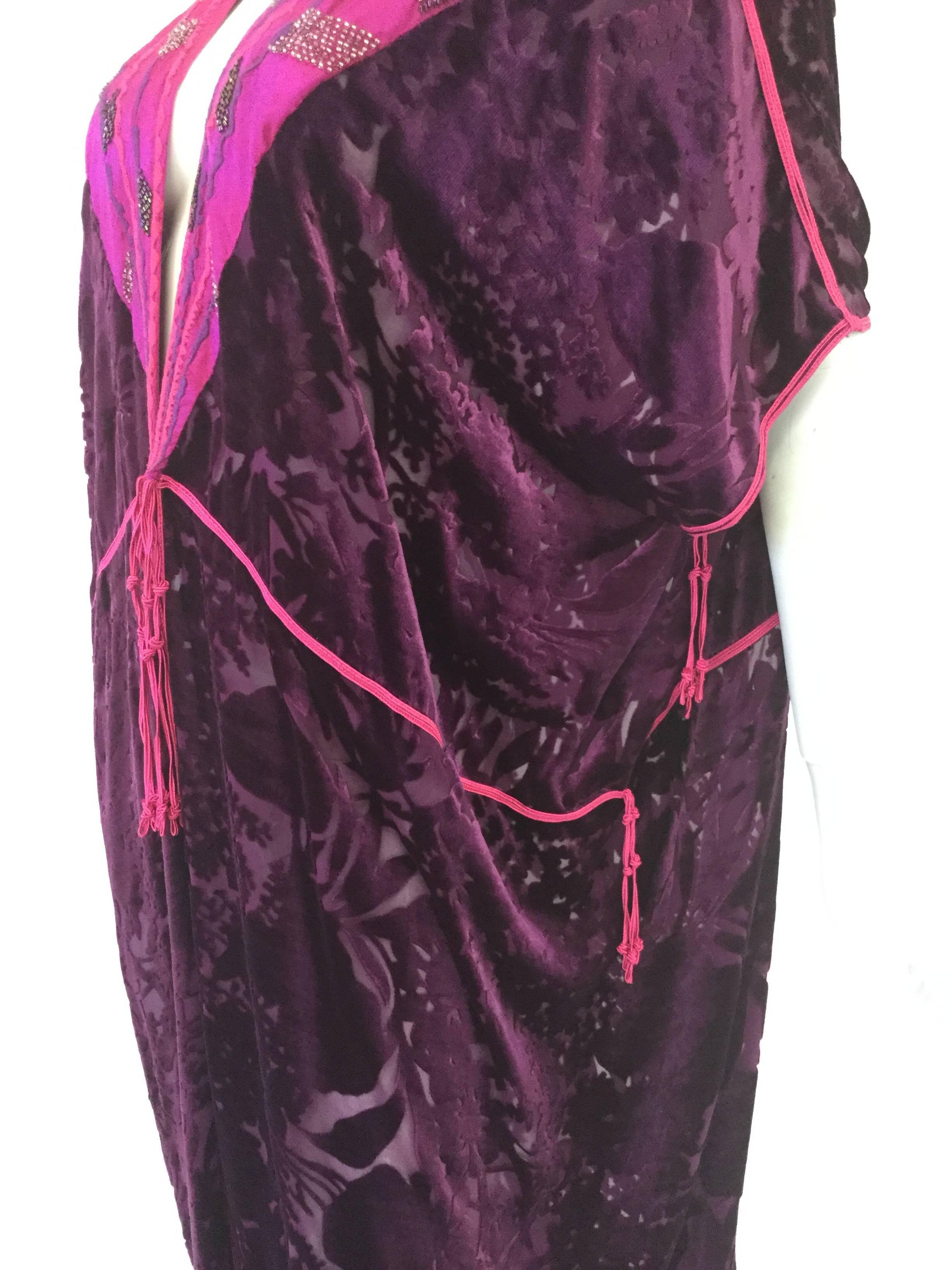 Black Vintage Thea Porter Couture Purple Silk Burnout Hostess Gown 