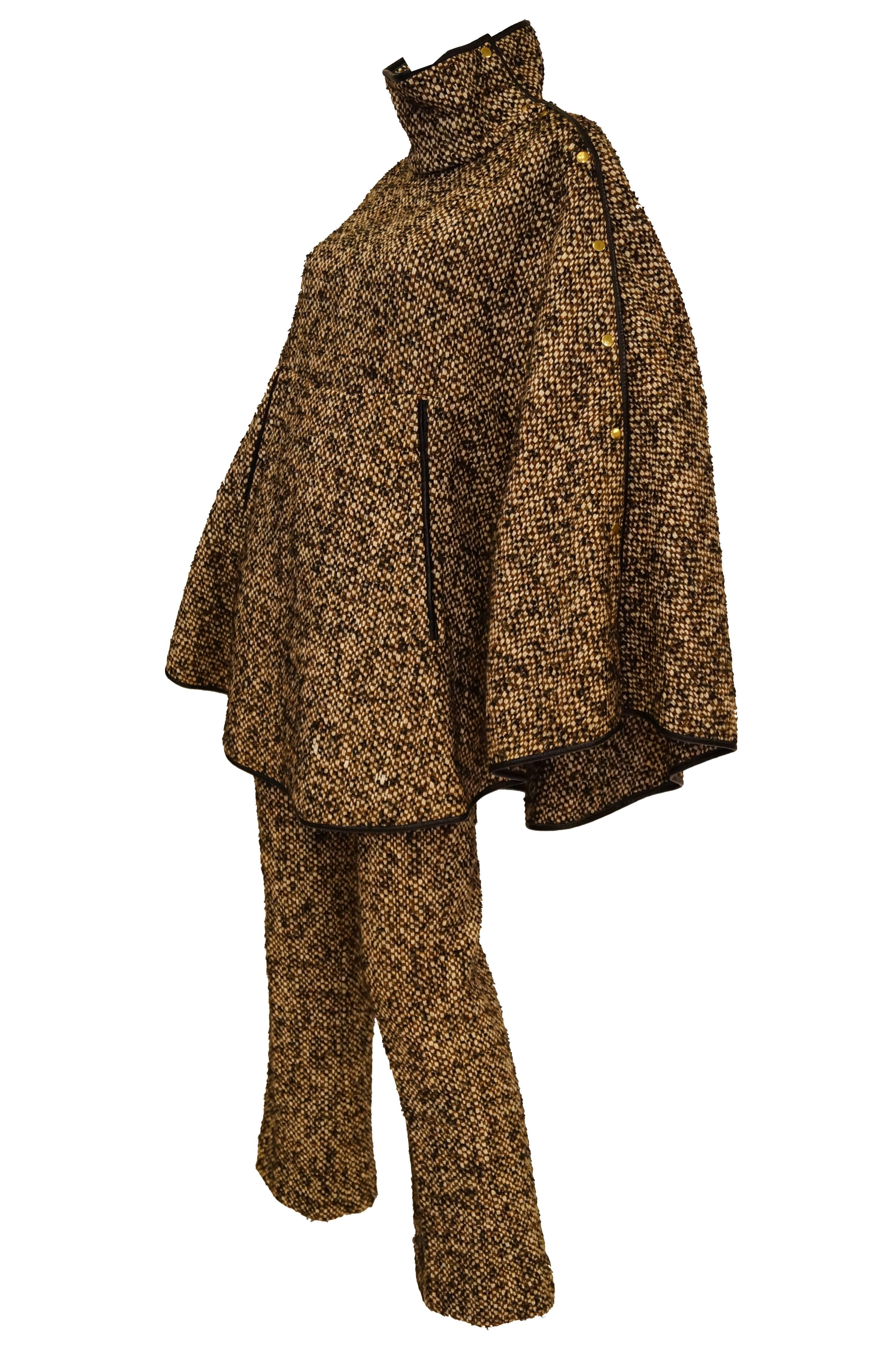 Brown Bonnie Cashin Sills Wool and Leather Cape with Trousers, 1960s 