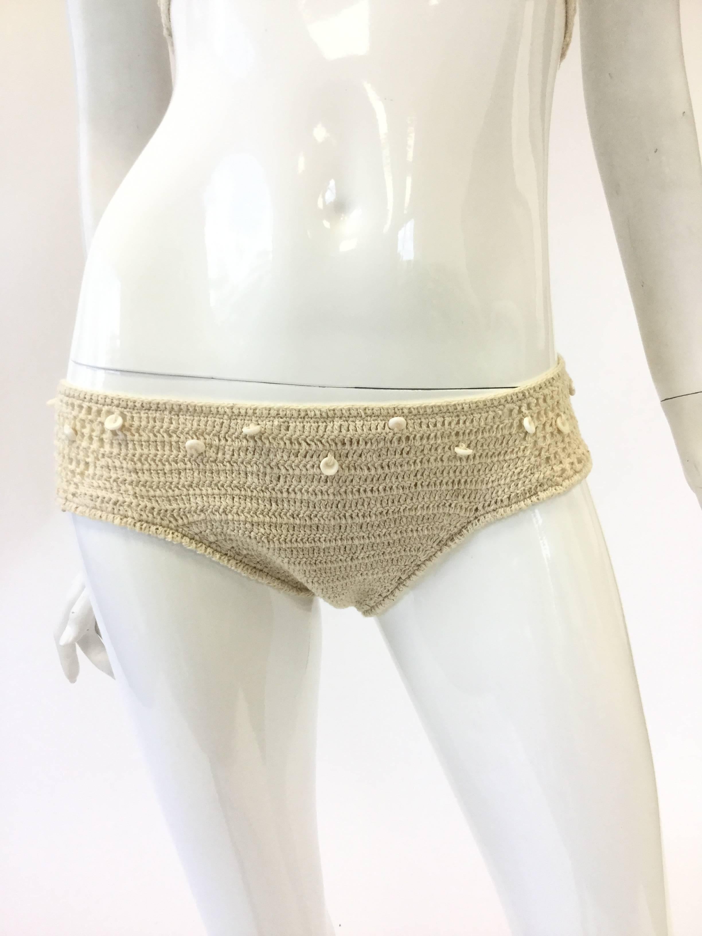 Beige High Tide Swimwear Cotton Crochet and Shell Beaded Bikini, 1970s 