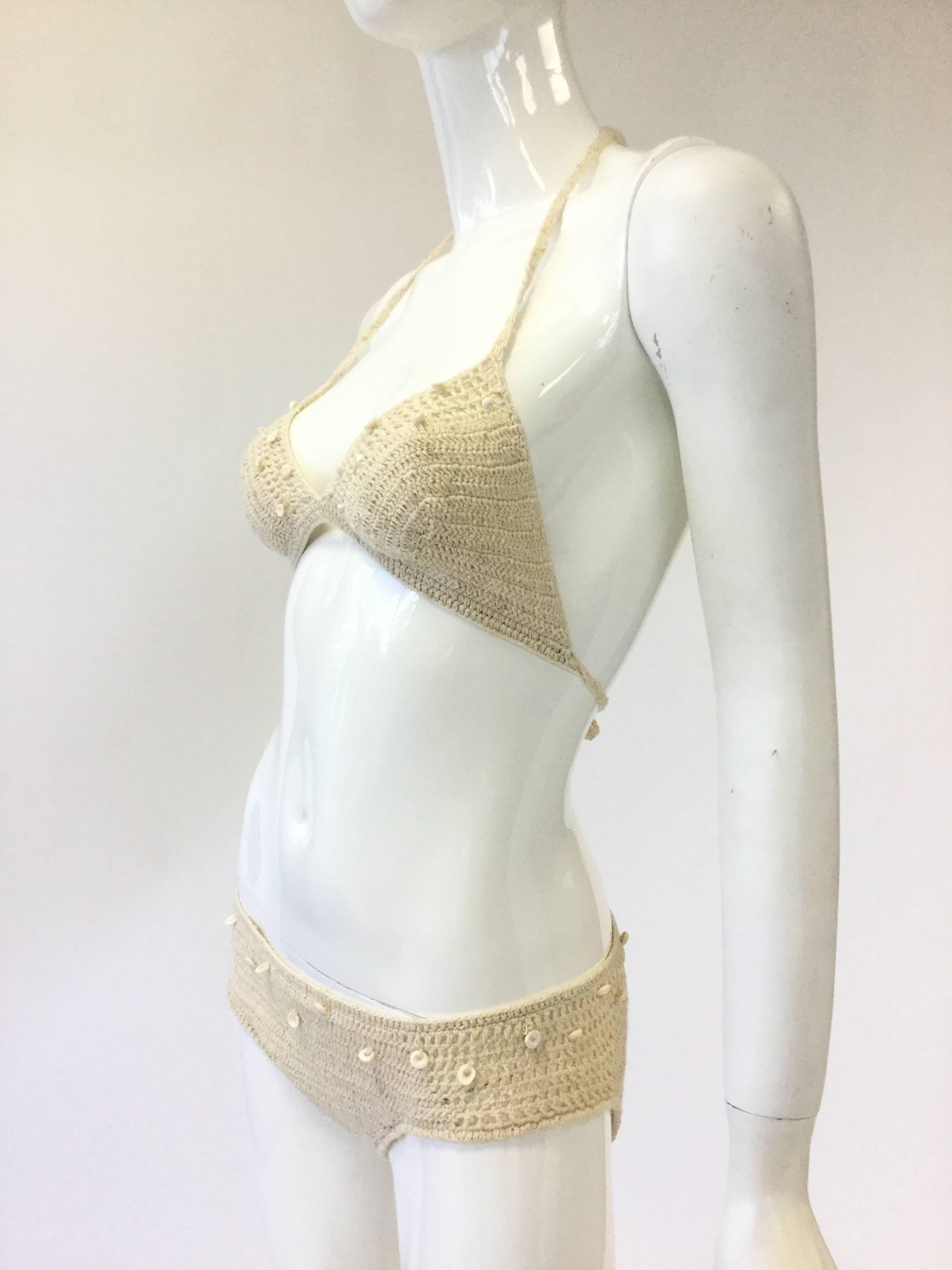 High Tide Swimwear Cotton Crochet and Shell Beaded Bikini, 1970s  In Excellent Condition In Houston, TX