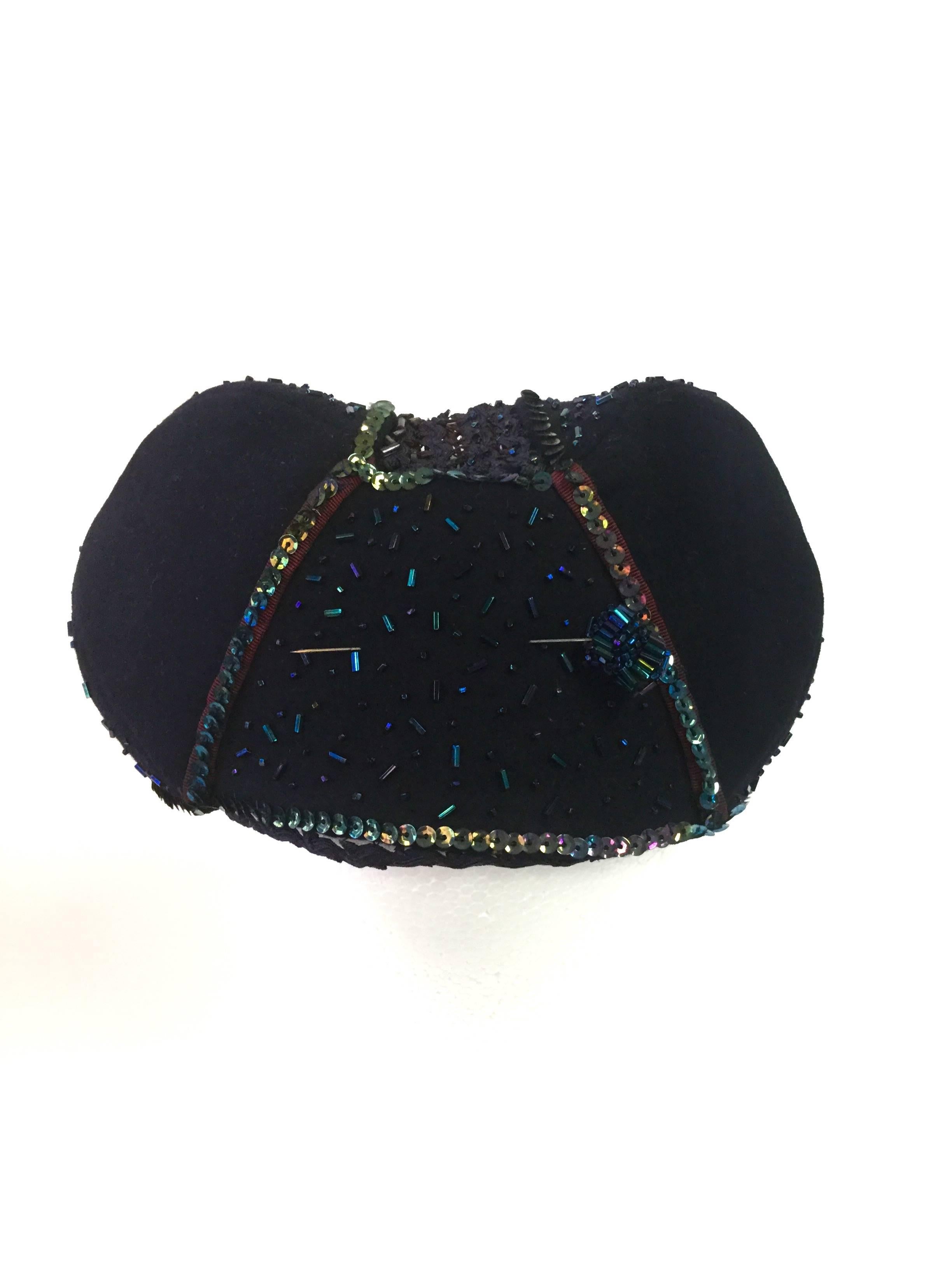 Gray 1940s Pierre - Renand Navy Iridescent Sequined and Beaded Evening Hat