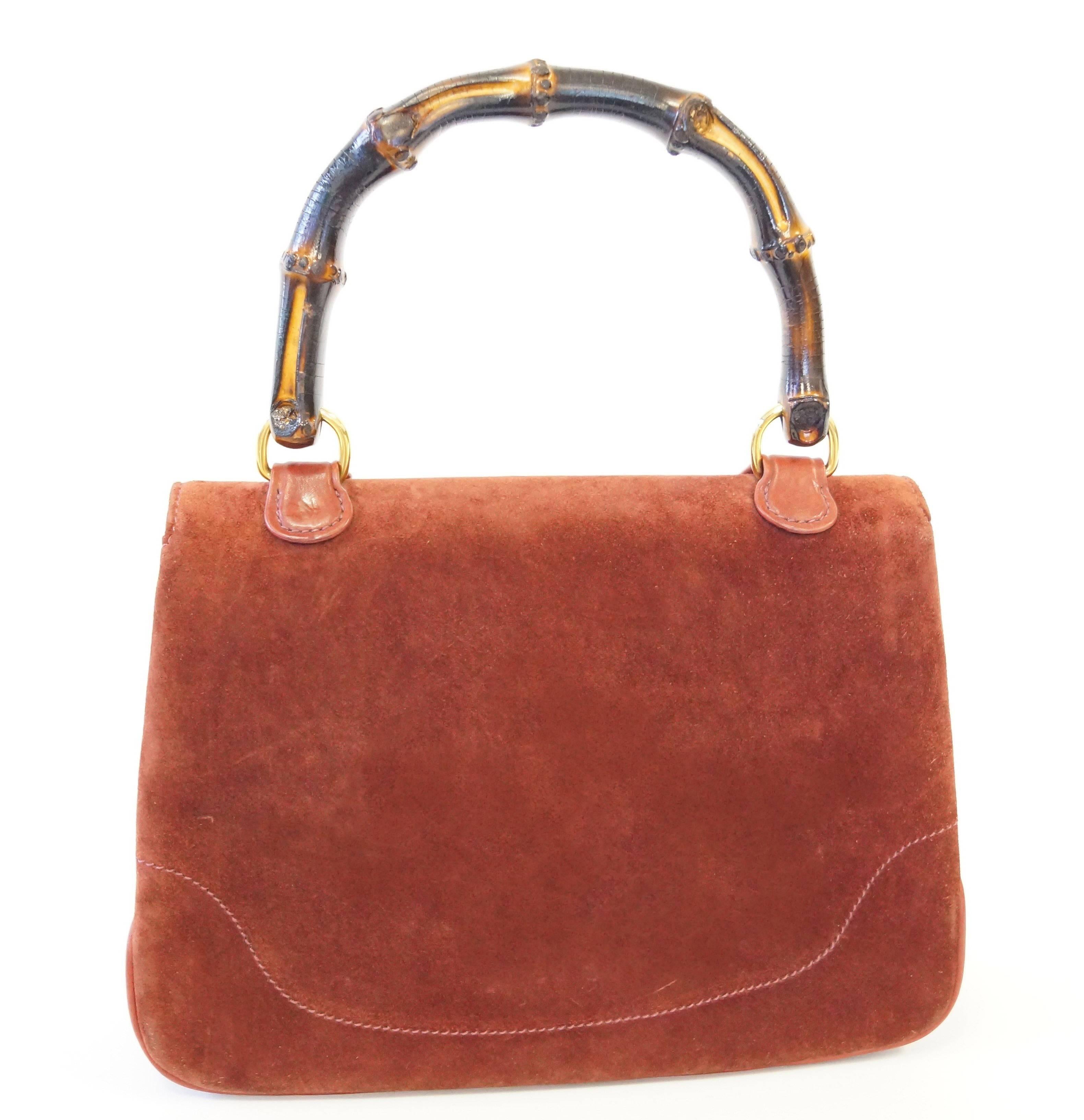 Brown Gucci Rust Colored Suede and Bamboo Purse, 1970s 
