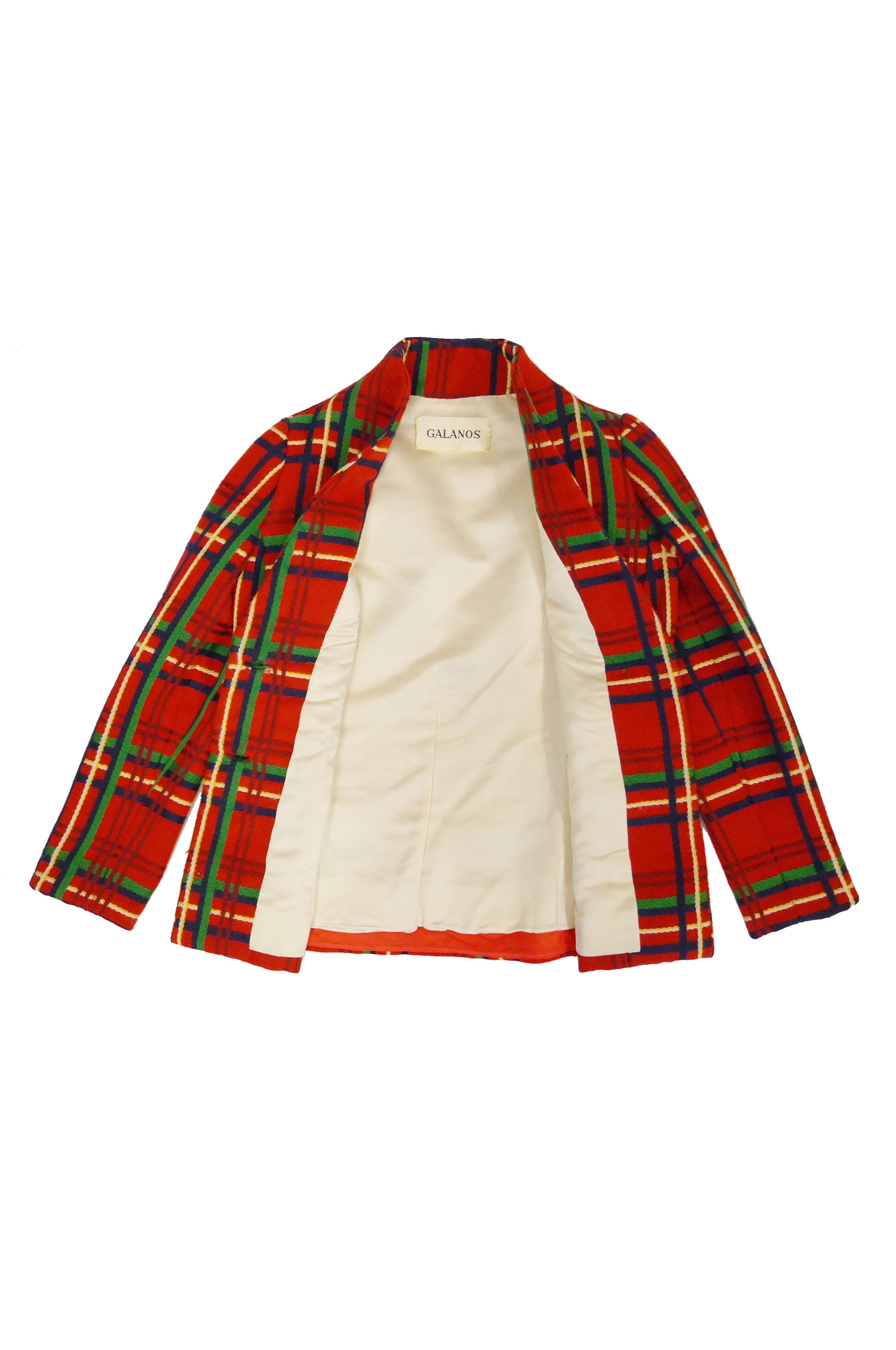 1970s Galanos Red Plaid Dress and Jacket For Sale 3