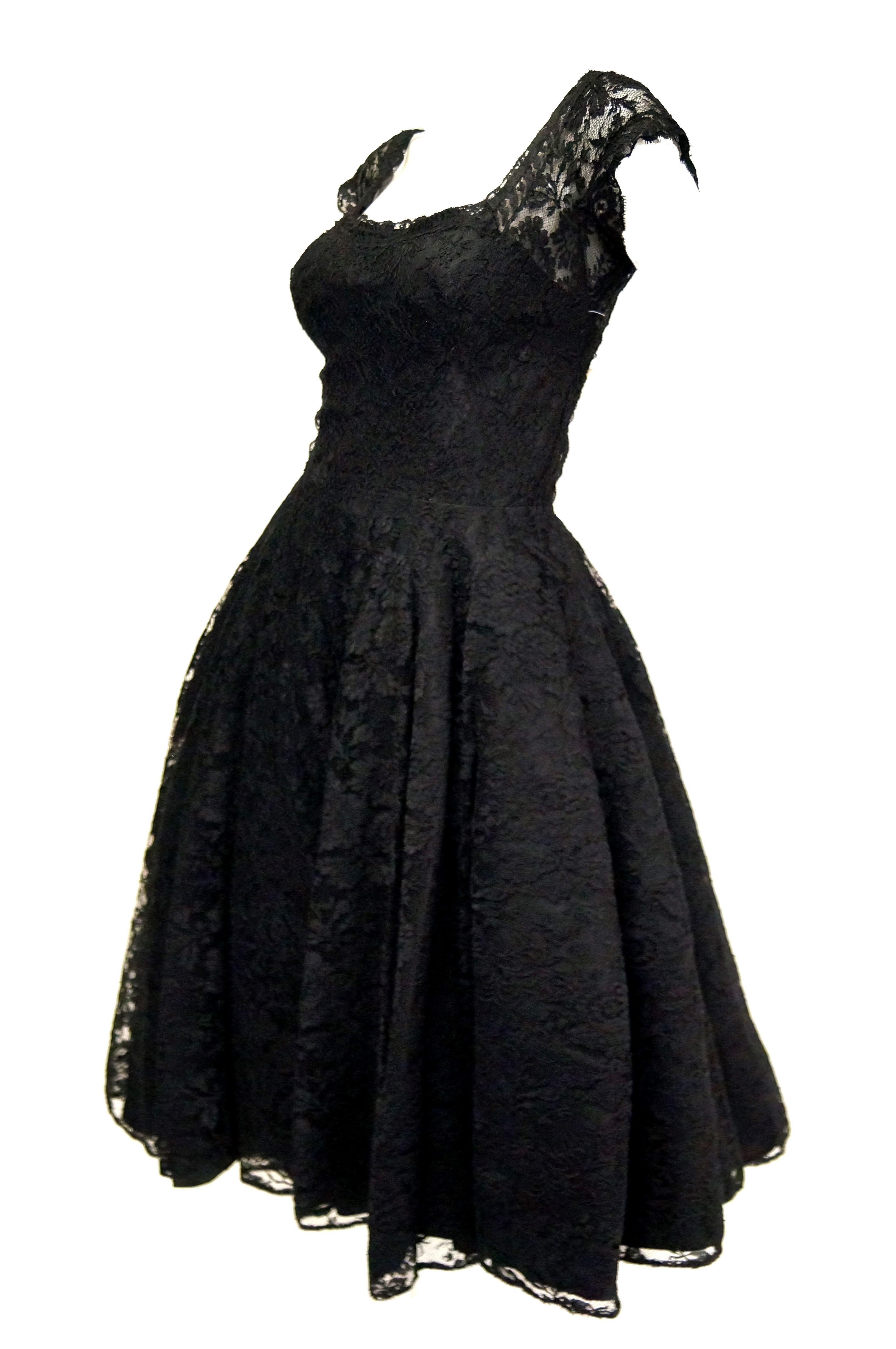 Women's 1950s Black Floral French Lace Scoop Back Cocktail Dress 4