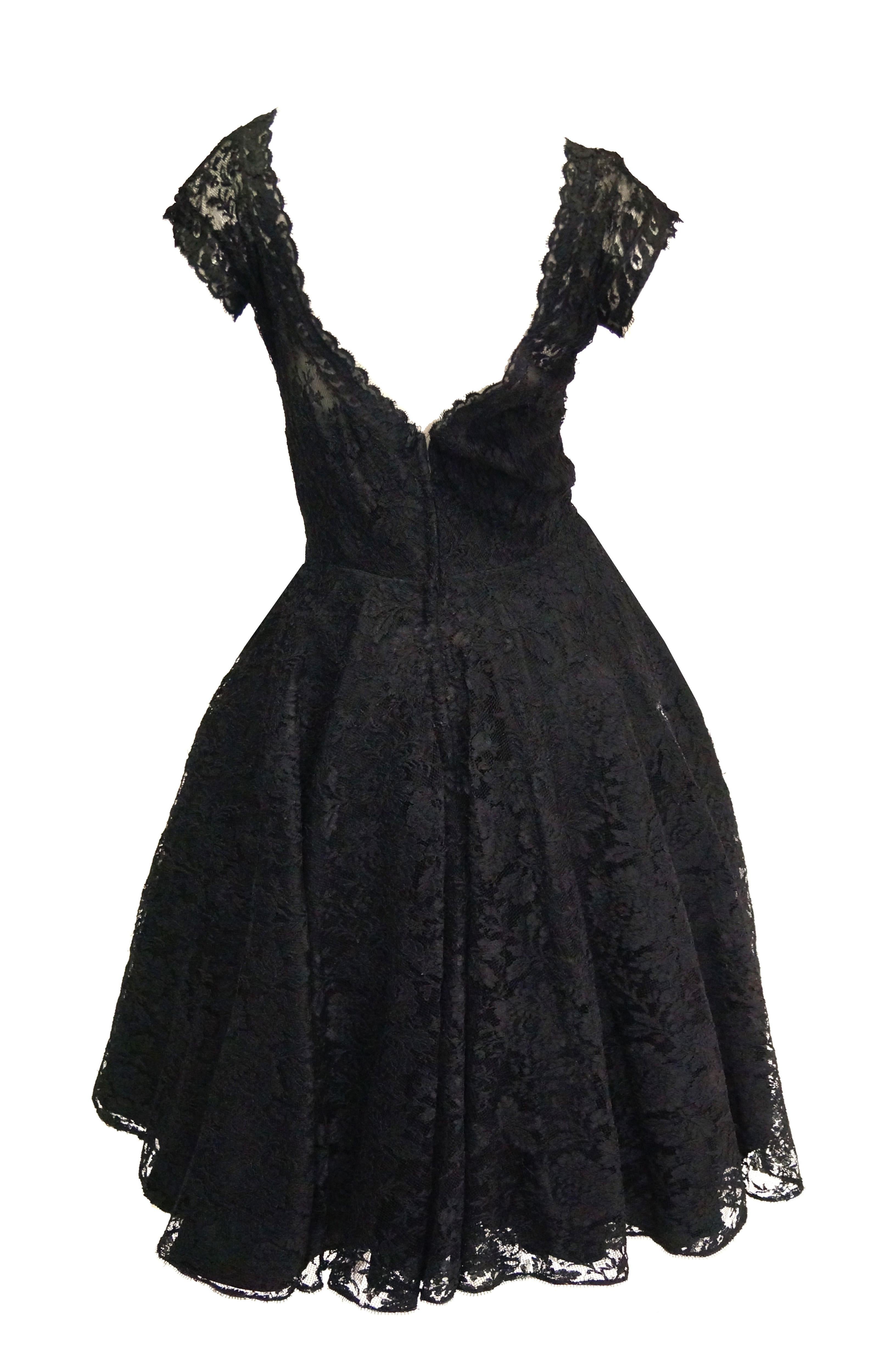1950s Black Floral French Lace Scoop Back Cocktail Dress 4 2
