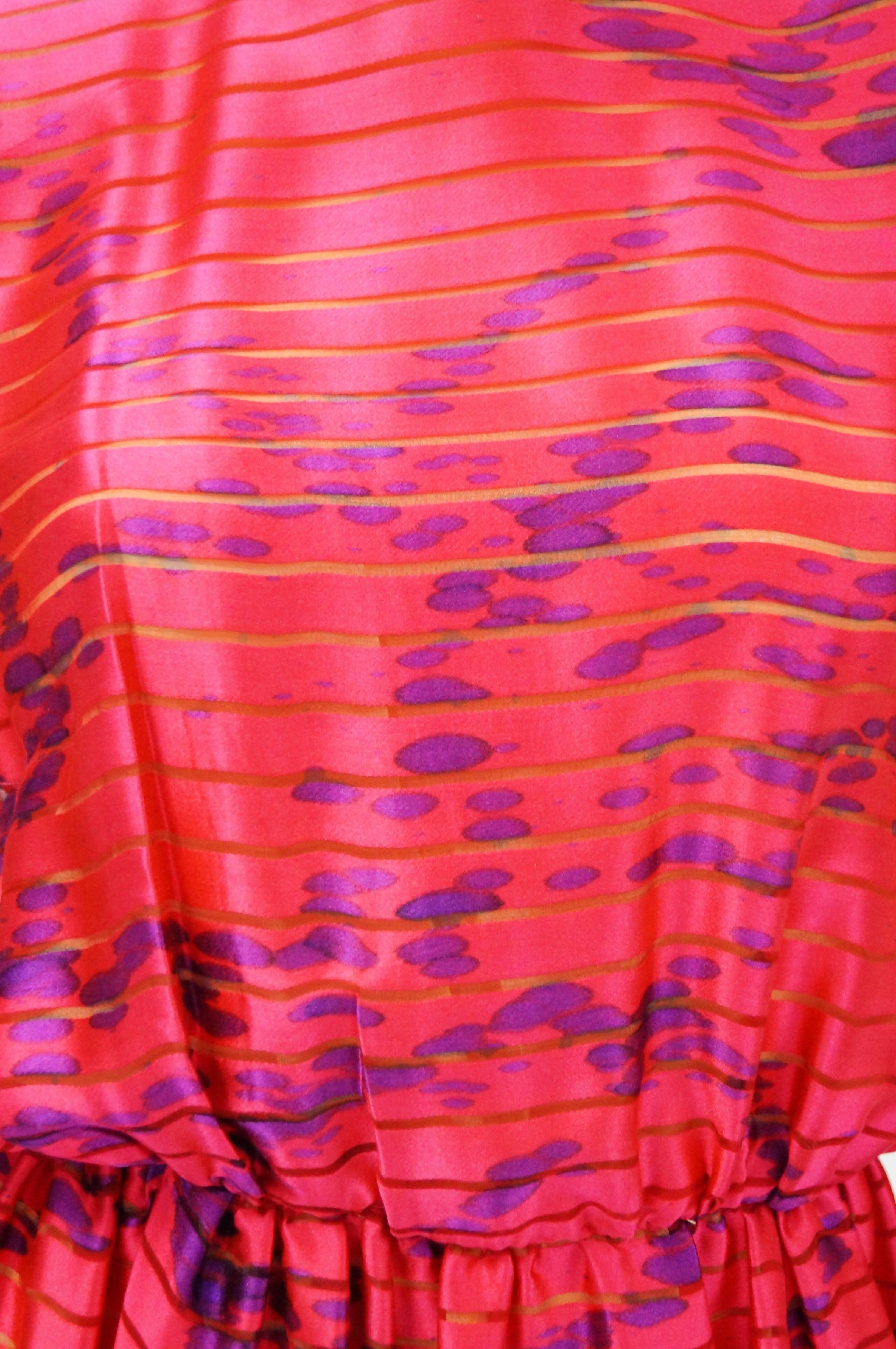 1970s Bill Blass Neon Pink and Purple Sheer Stripe Dress 10 In Excellent Condition For Sale In Houston, TX