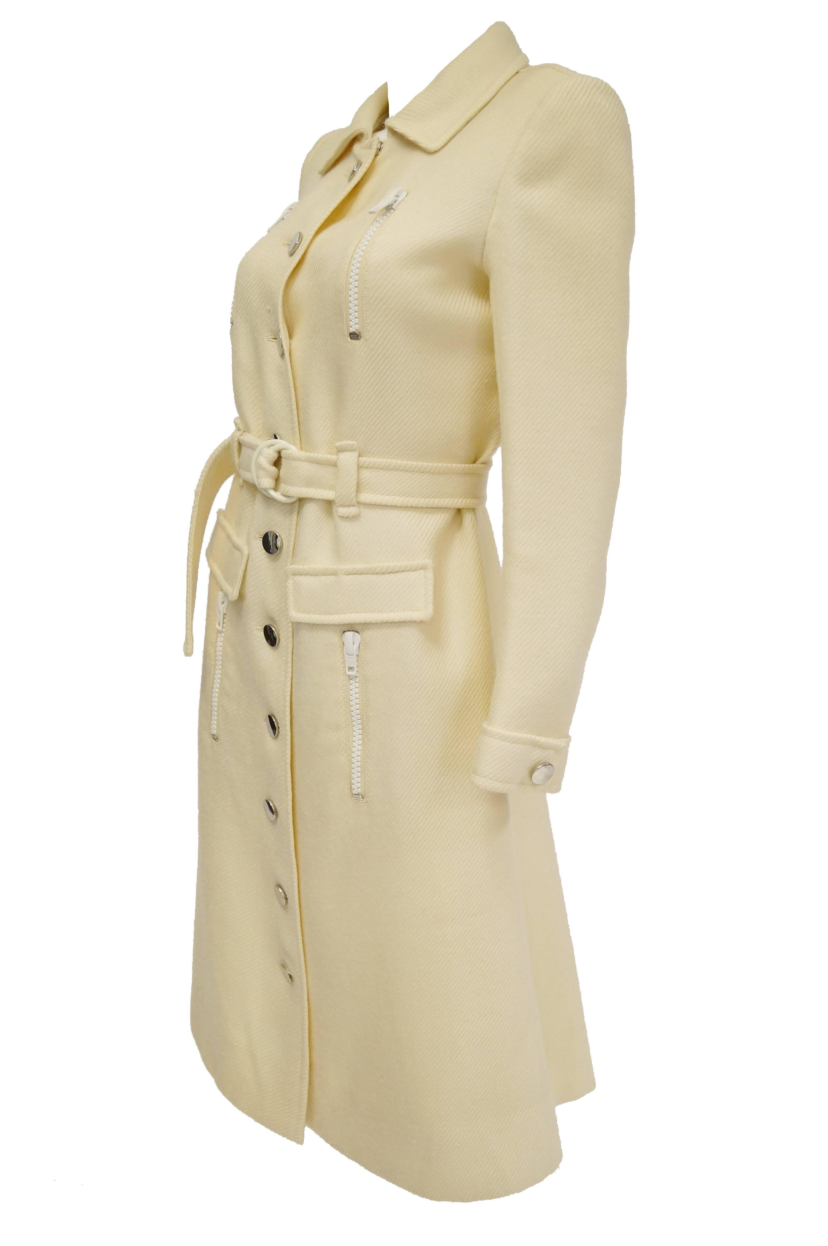 Beige  1960s Courreges Hyperbole Cream Wool Coat with Accent Zippers and Buttons For Sale