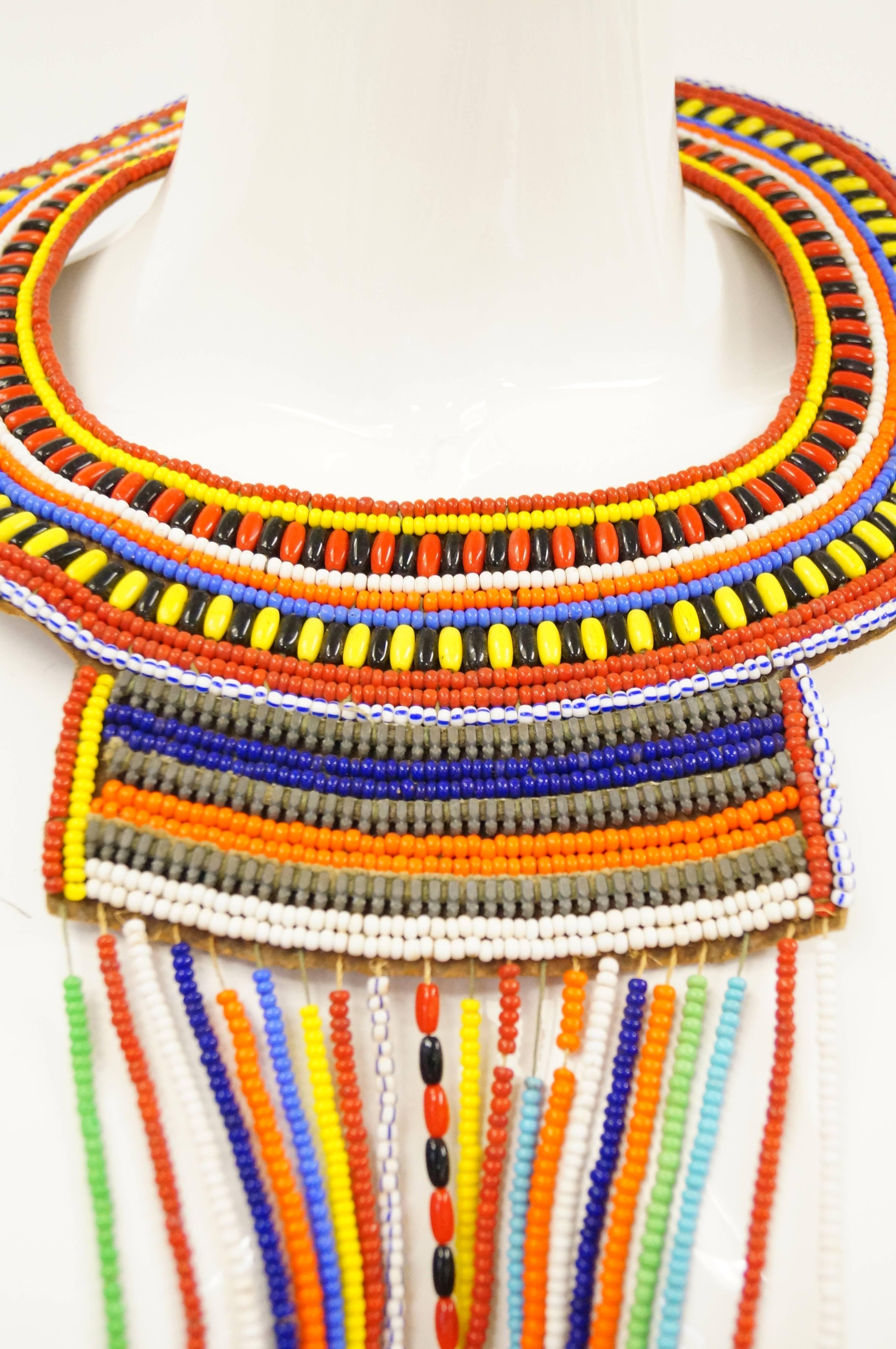 Vintage Colorful Fully Glass Beaded Tribal Neck Piece with Knee-Length Strands In Excellent Condition In Houston, TX