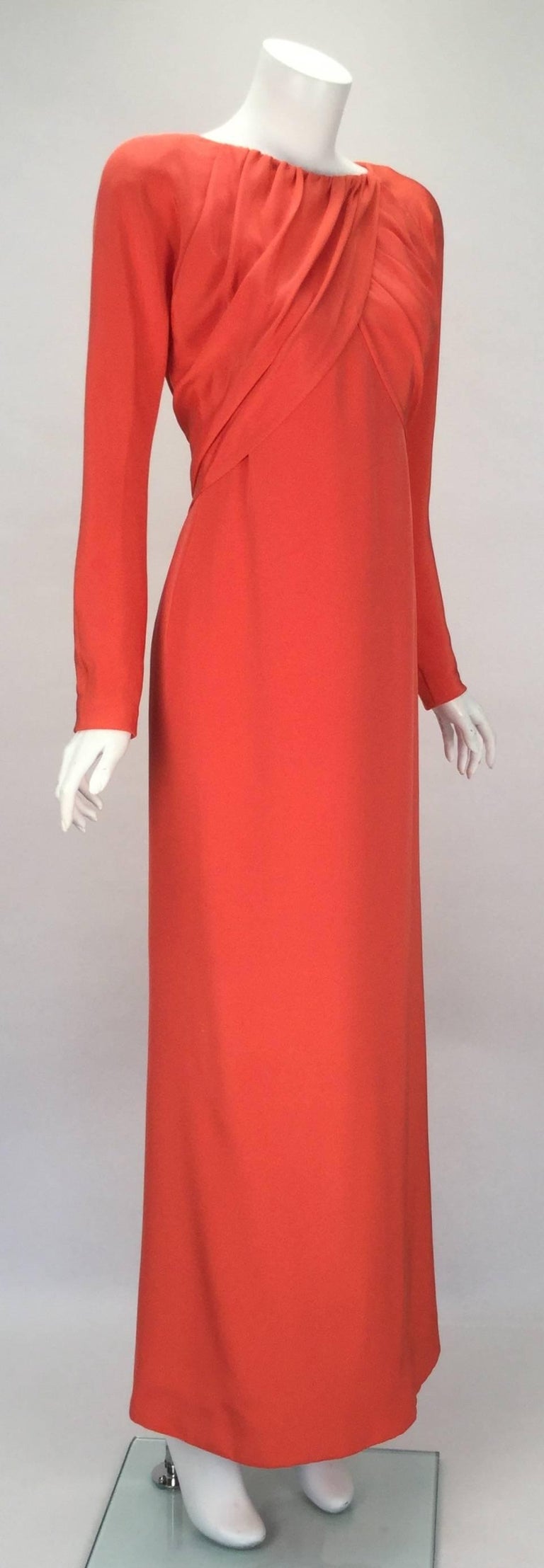 Halston Red Silk Long Sleeve Evening Dress, 1970s   In Good Condition For Sale In Houston, TX