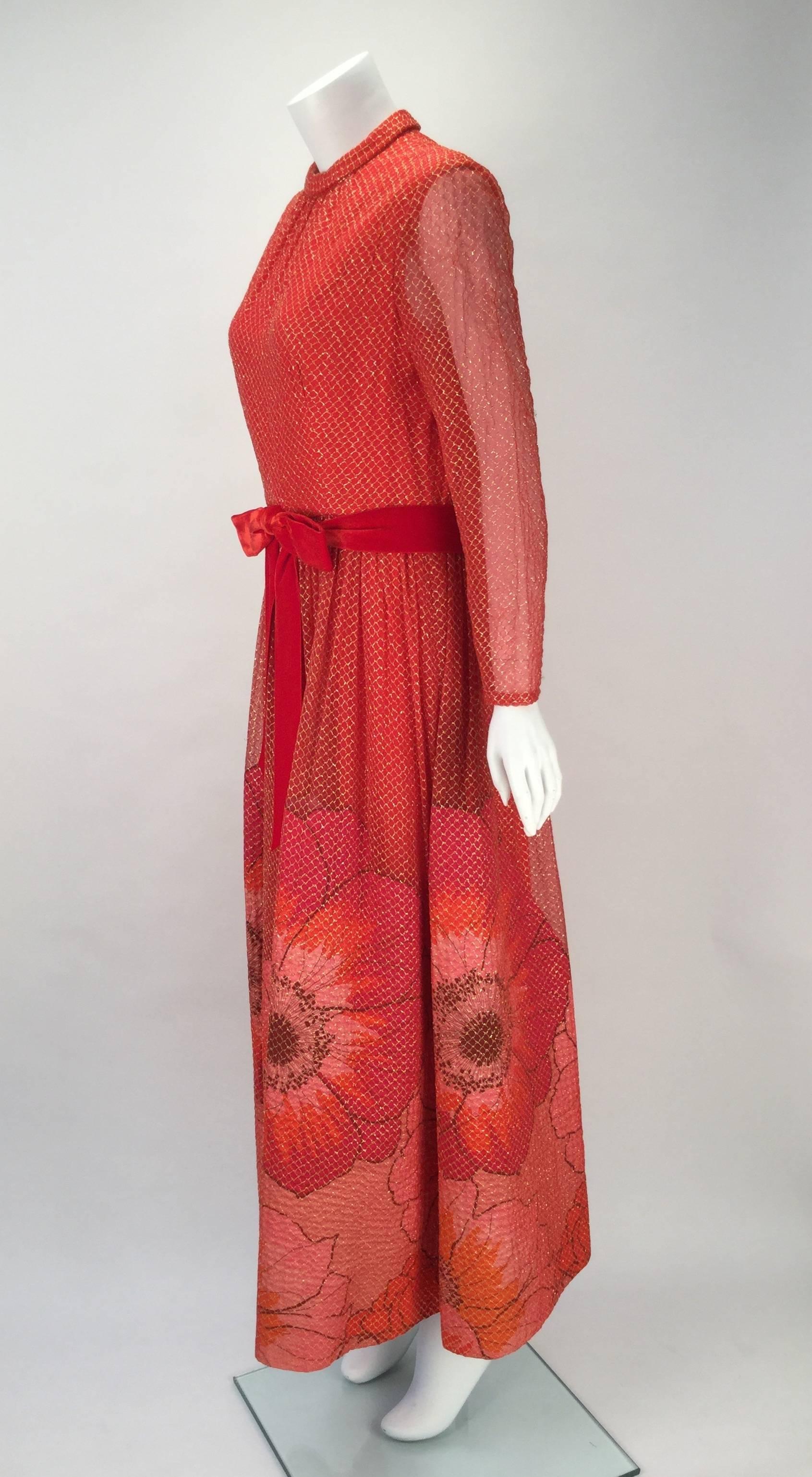 Women's 1970s Mollie Parnis Red and Gold  Dress 