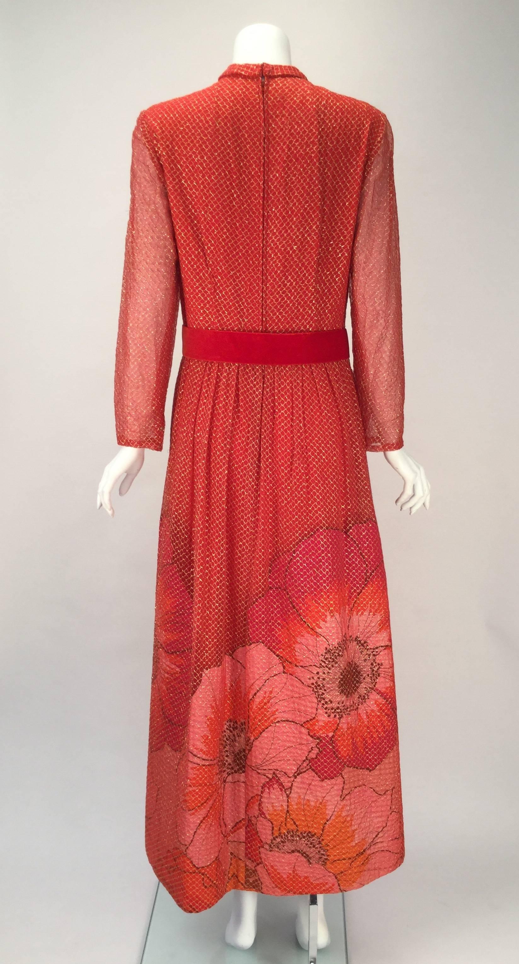 1970s Mollie Parnis Red and Gold  Dress  1