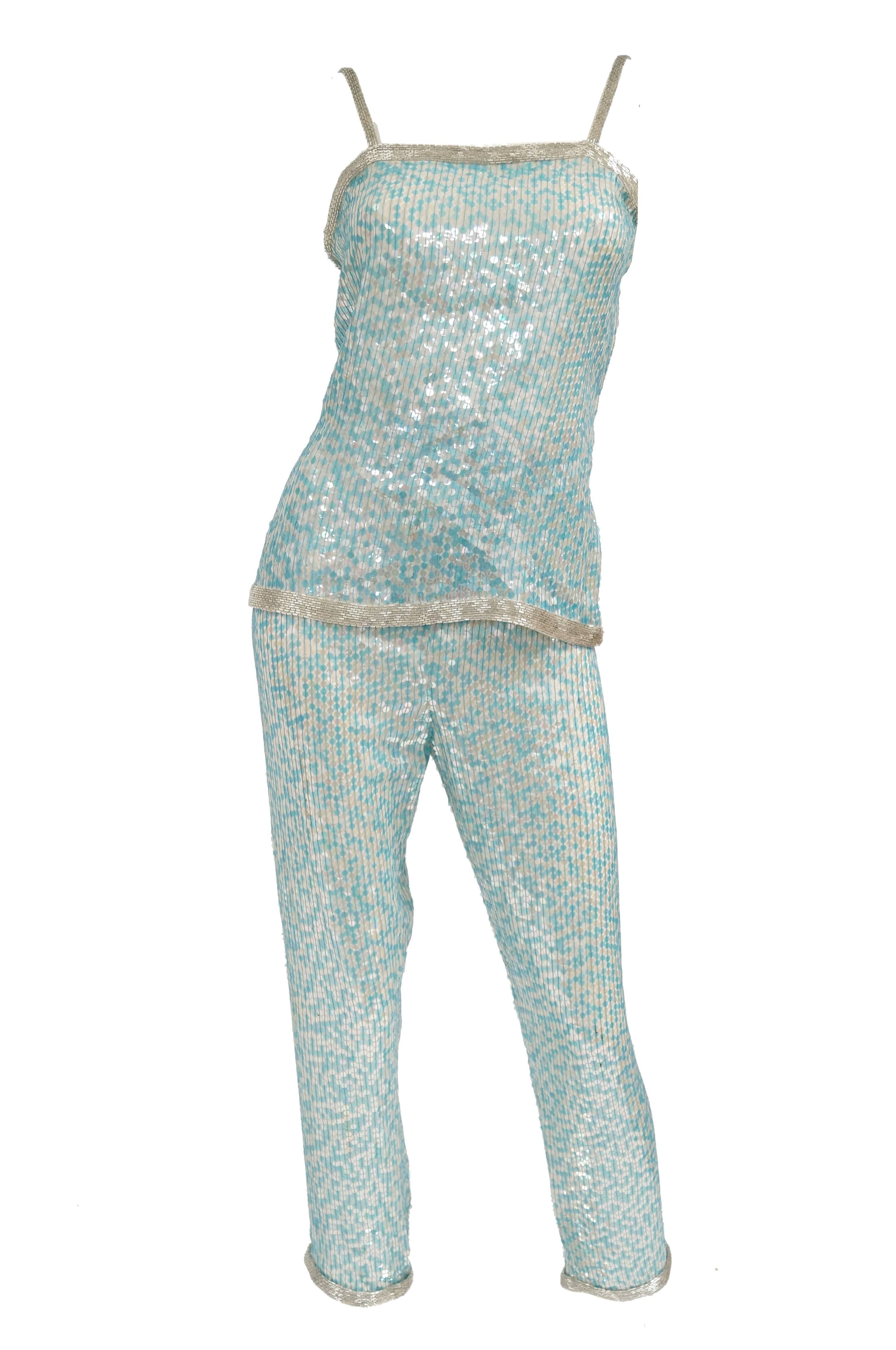 Women's 1980s Naeem Khan Silk Aqua Sequin & Beading Evening Ensemble W/ Tassel Jacket 6 For Sale