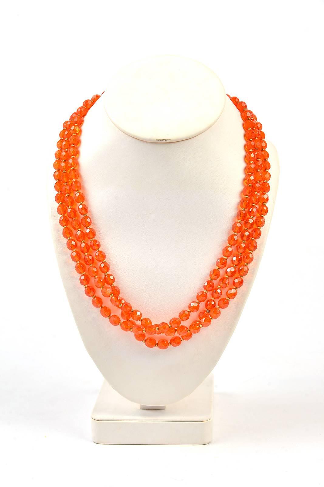 1960s Hattie Carnegie Tangerine Glass Bead Necklace and Earrings For Sale 1