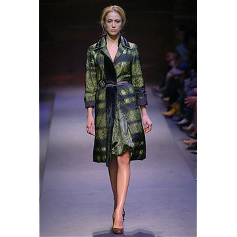 Amazing green tiger stripe print coat with espresso mink detail including collar! This 2004 runway piece is knee length, with long sleeves, and a small notched collar. The collar has black bead and rhinestone details, and is not - so - subtly lined