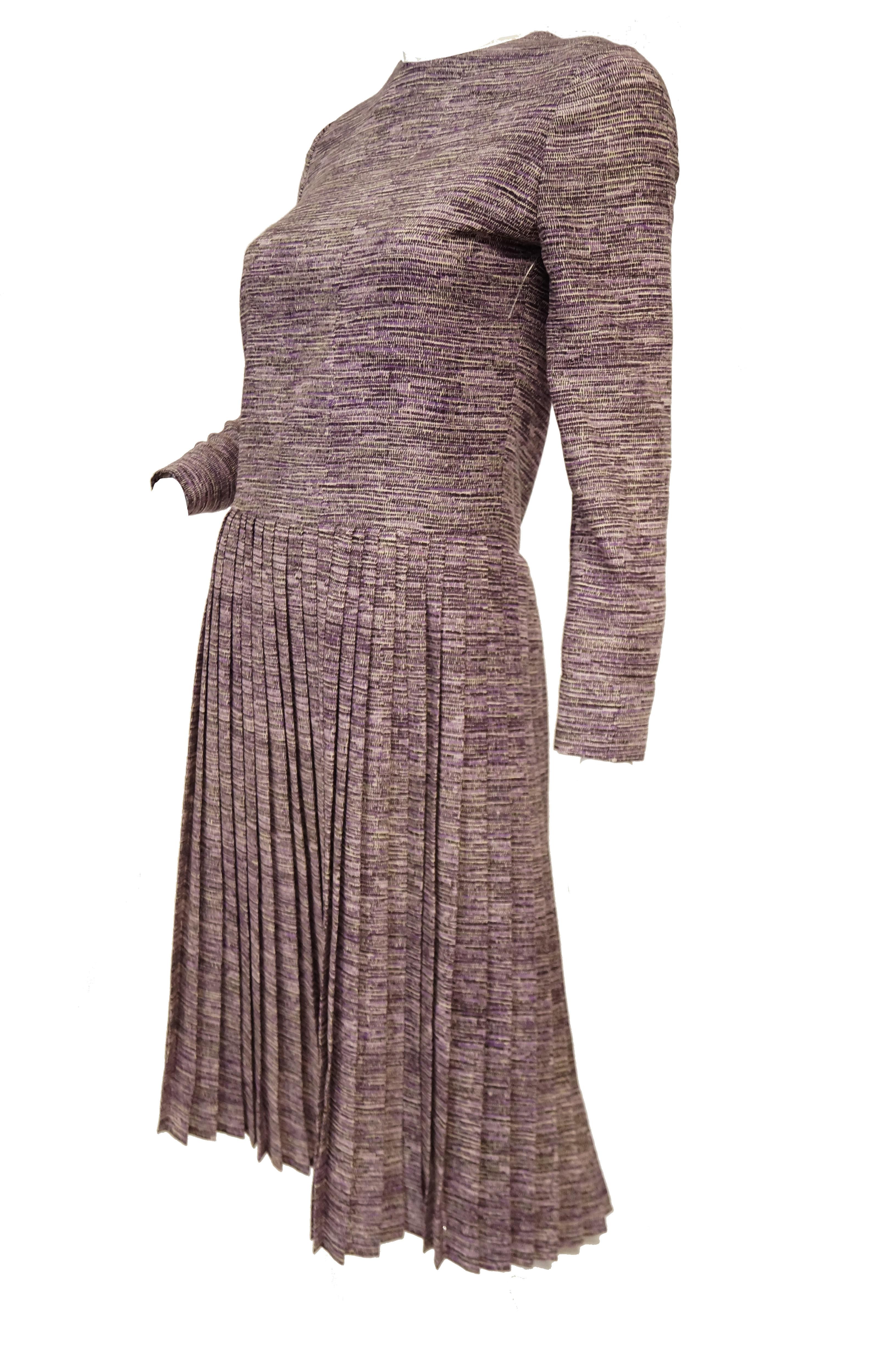 Gray 1970s Bill Blass Silk Purple Drop Waist Pleat Skirt Dress 4 For Sale