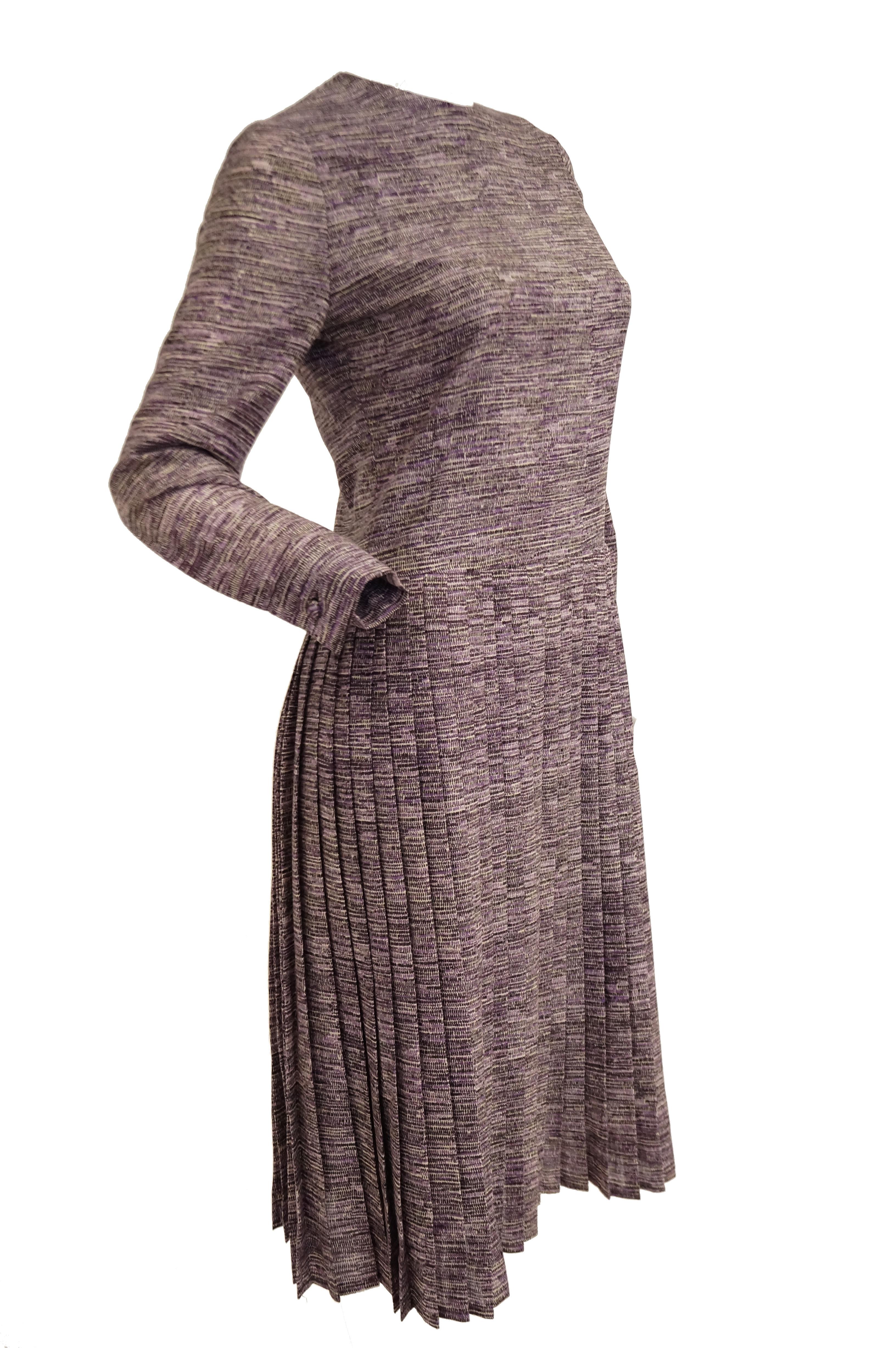 1970s Bill Blass Silk Purple Drop Waist Pleat Skirt Dress 4 For Sale 2