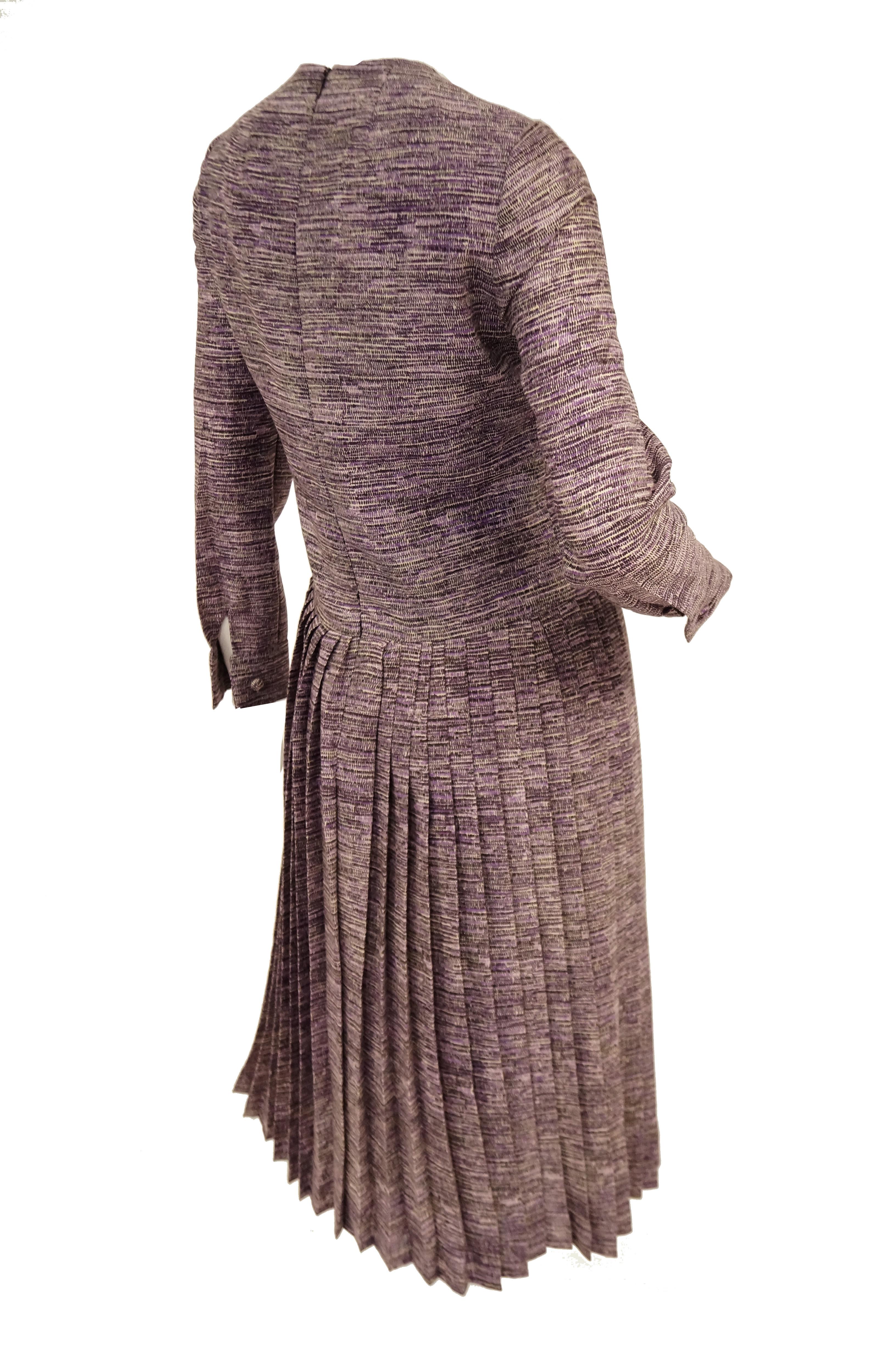 1970s Bill Blass Silk Purple Drop Waist Pleat Skirt Dress 4 For Sale 1