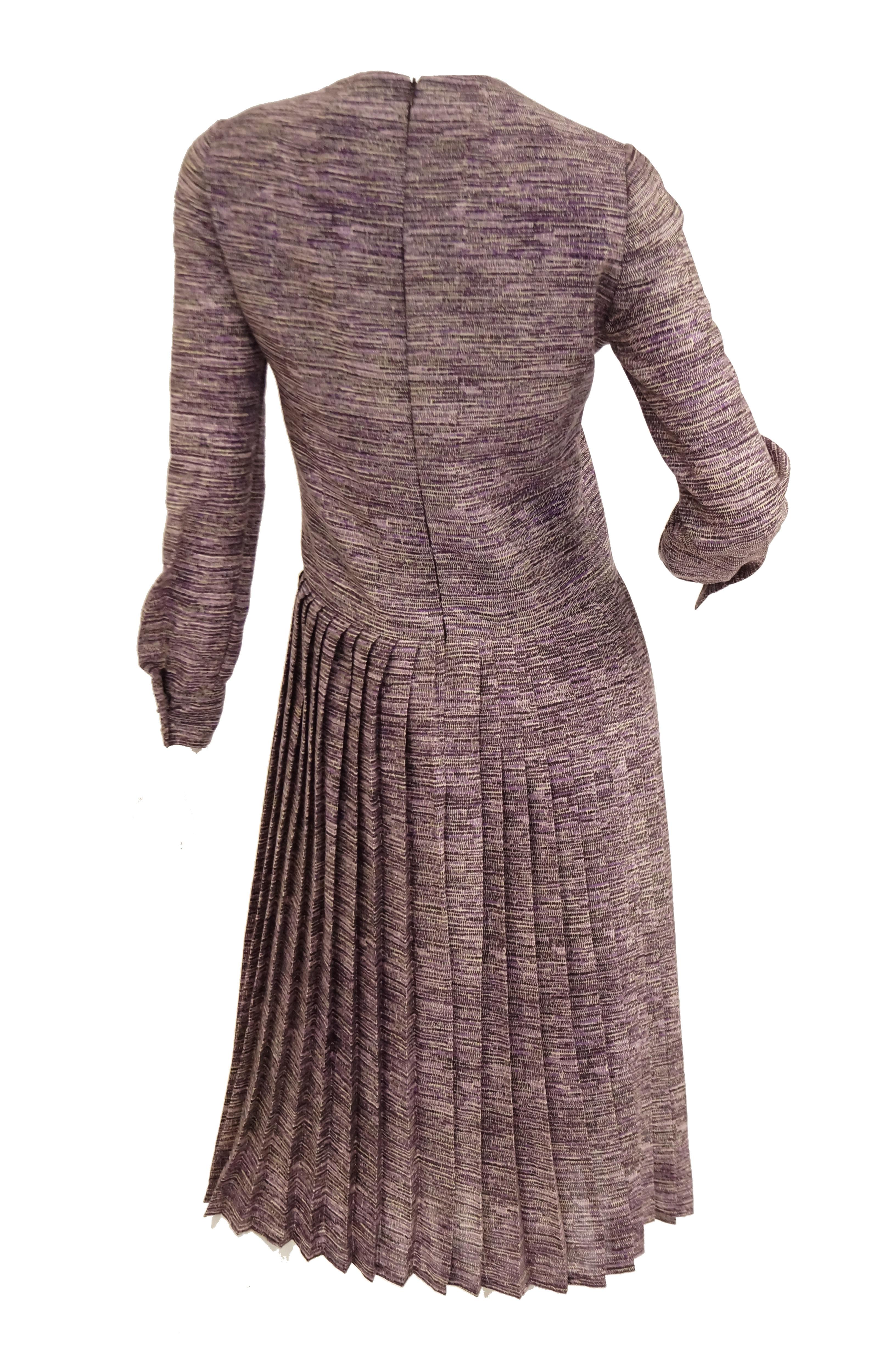 Women's 1970s Bill Blass Silk Purple Drop Waist Pleat Skirt Dress 4 For Sale