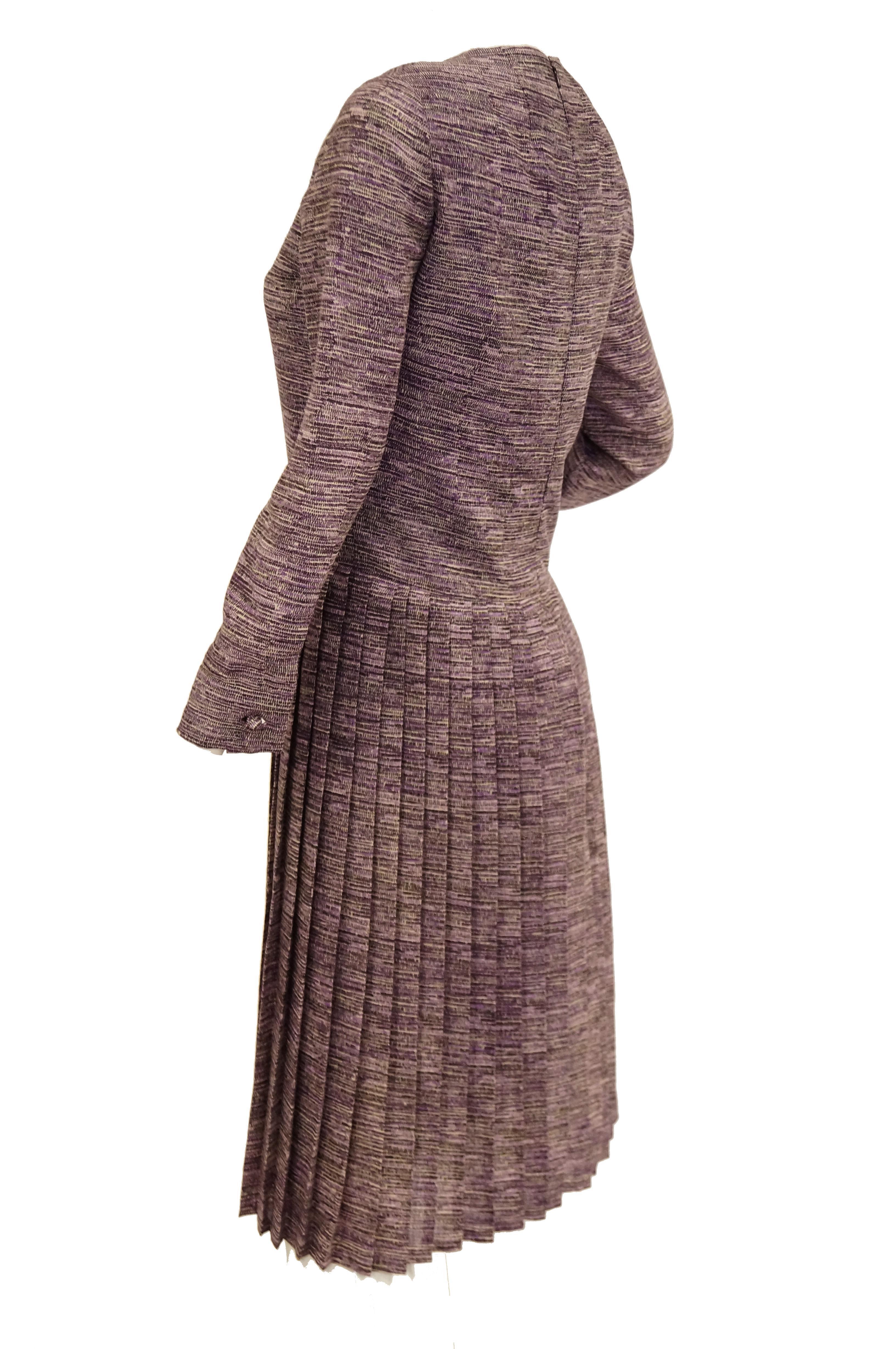 1970s Bill Blass Silk Purple Drop Waist Pleat Skirt Dress 4 In Excellent Condition For Sale In Houston, TX