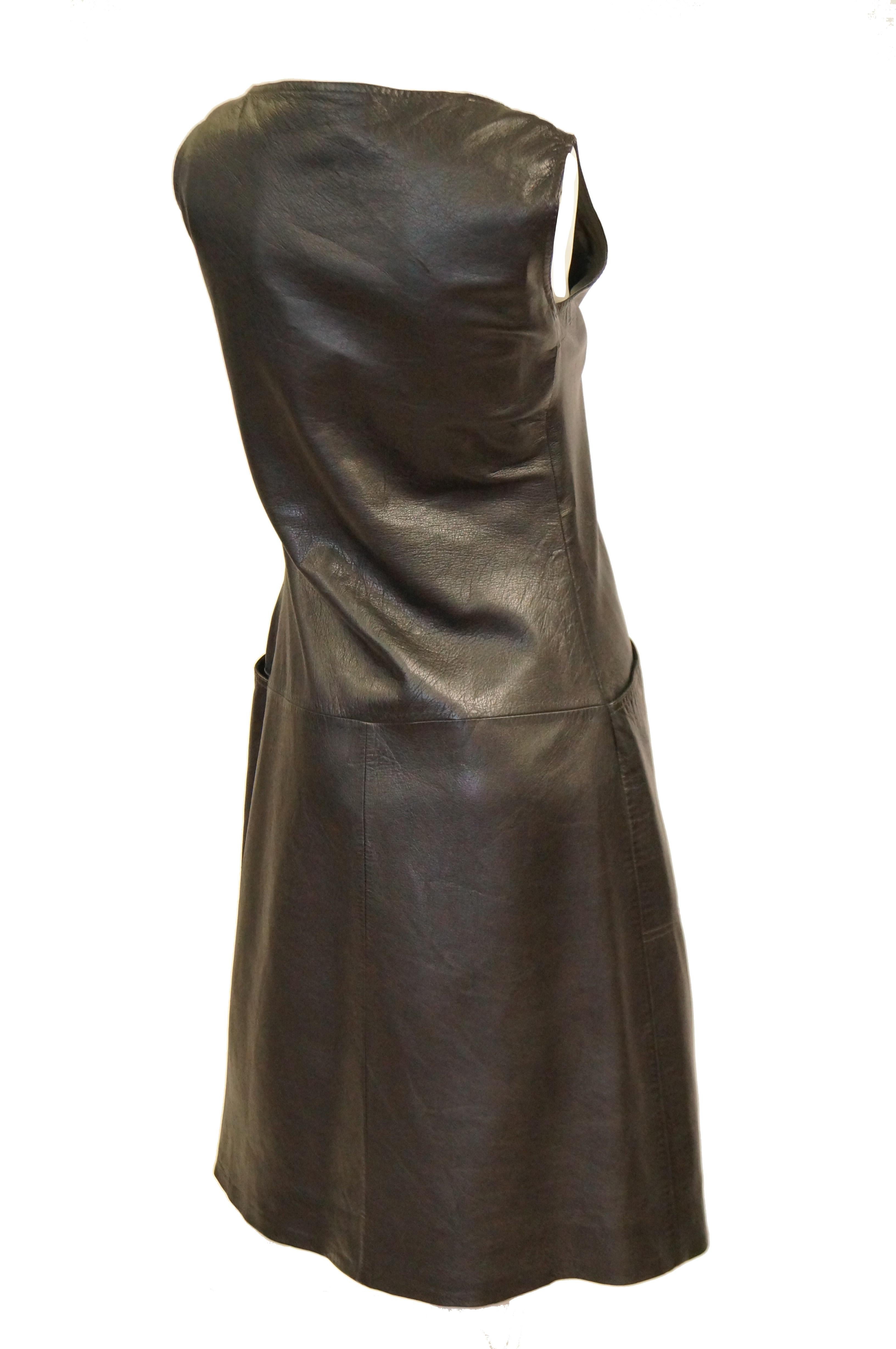 1960s Black Lambskin Leather Shift Dress 1