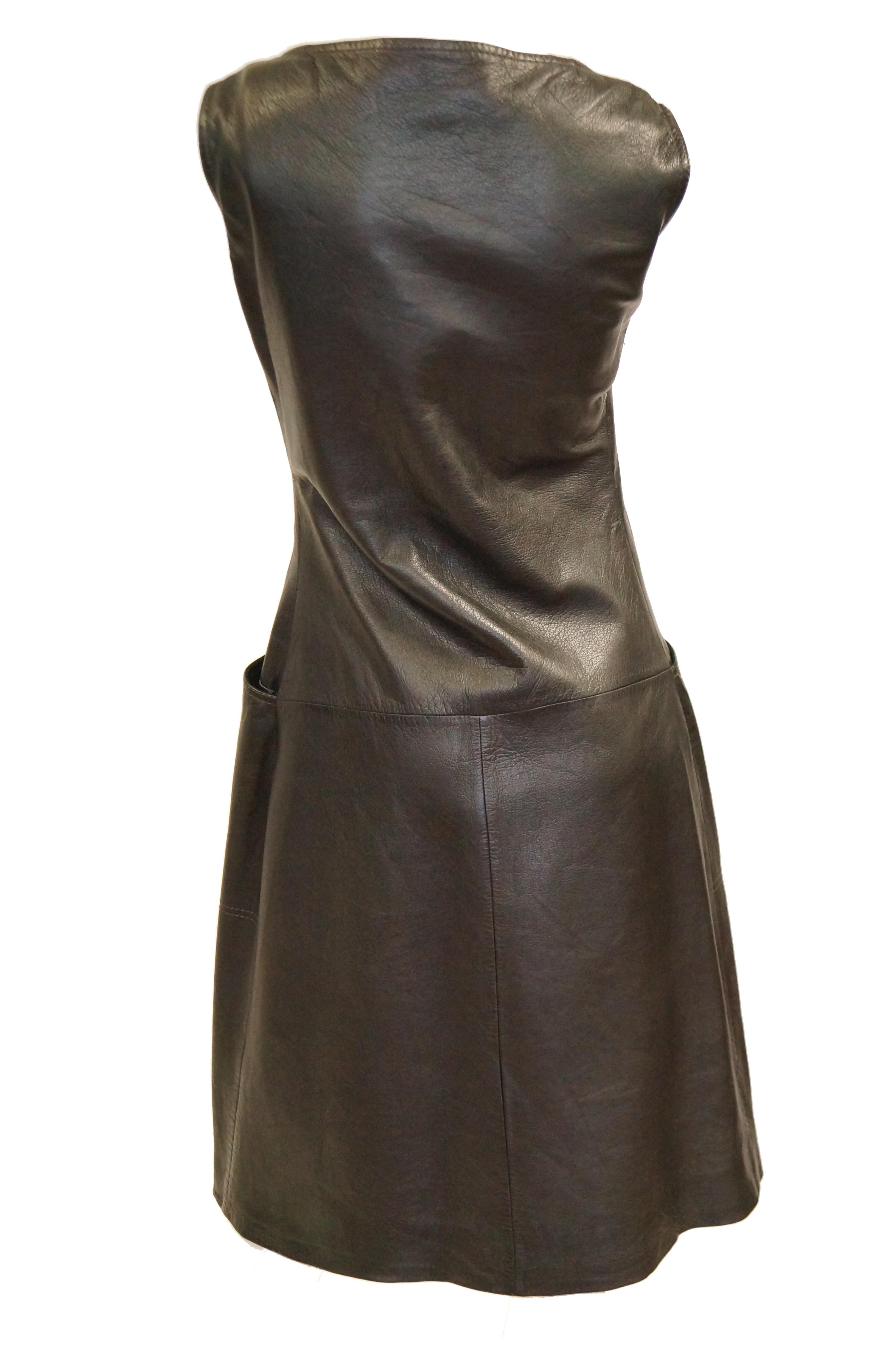 1960s Black Lambskin Leather Shift Dress In Excellent Condition In Houston, TX