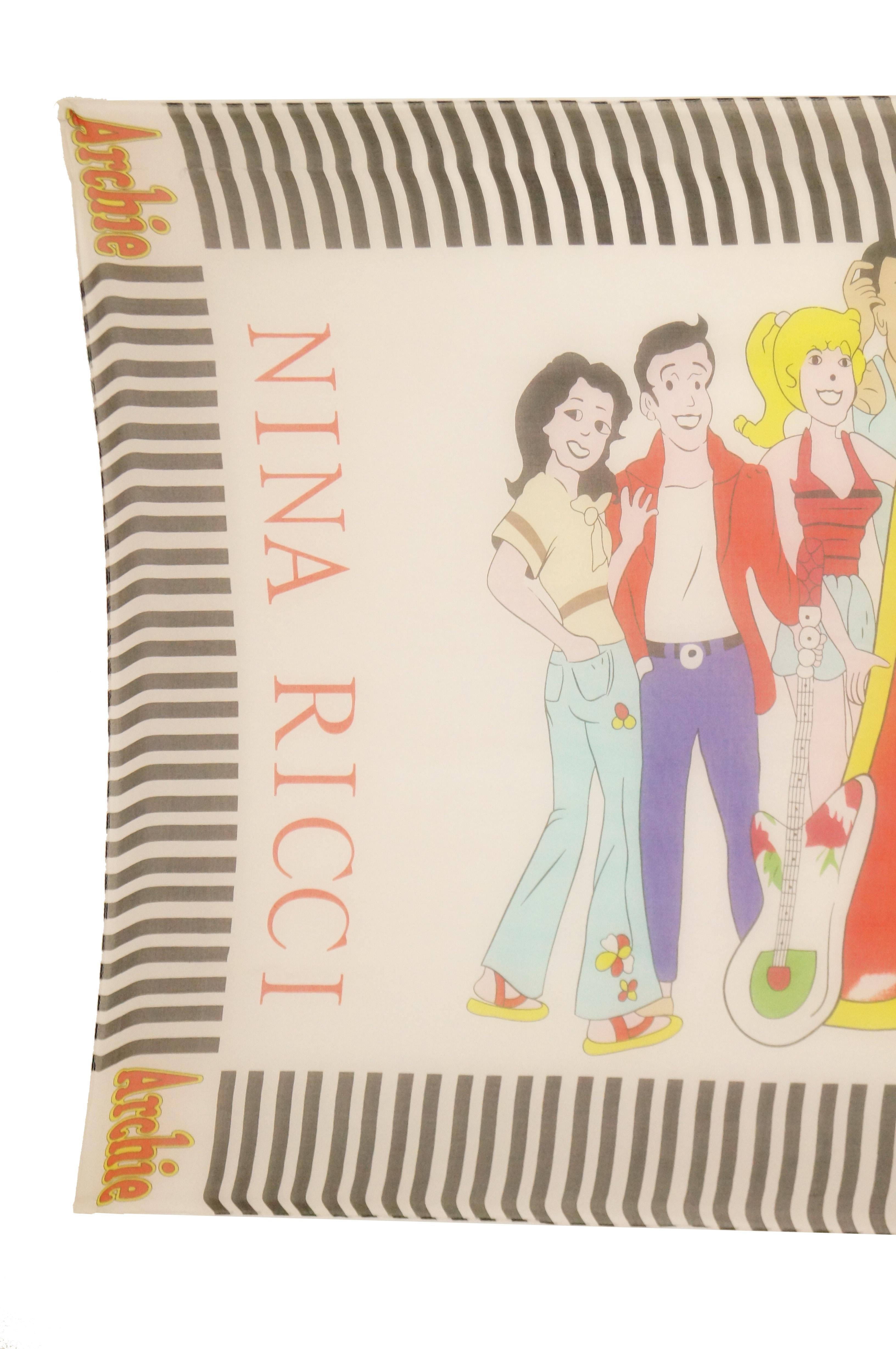 Wonderfully playful Archie - themed sheer silk scarf by Nina Ricci. The scarf depicts Archie, Betty, Veronica, Jughead, and friends, posed around the iconic red and yellow 