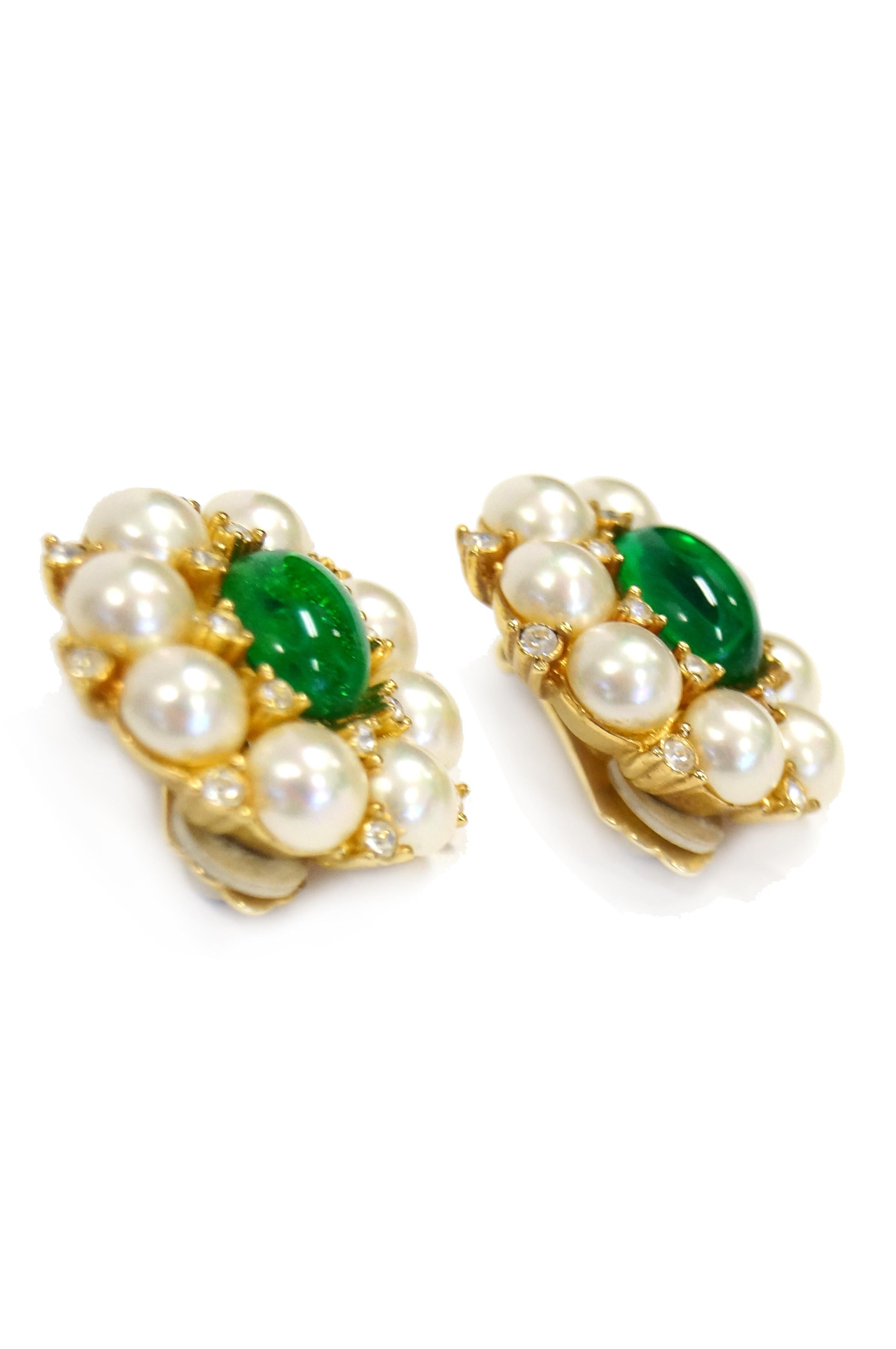 1960s Christian Dior Poured Glass Emerald and Faux Pearl Earrings In Excellent Condition In Houston, TX