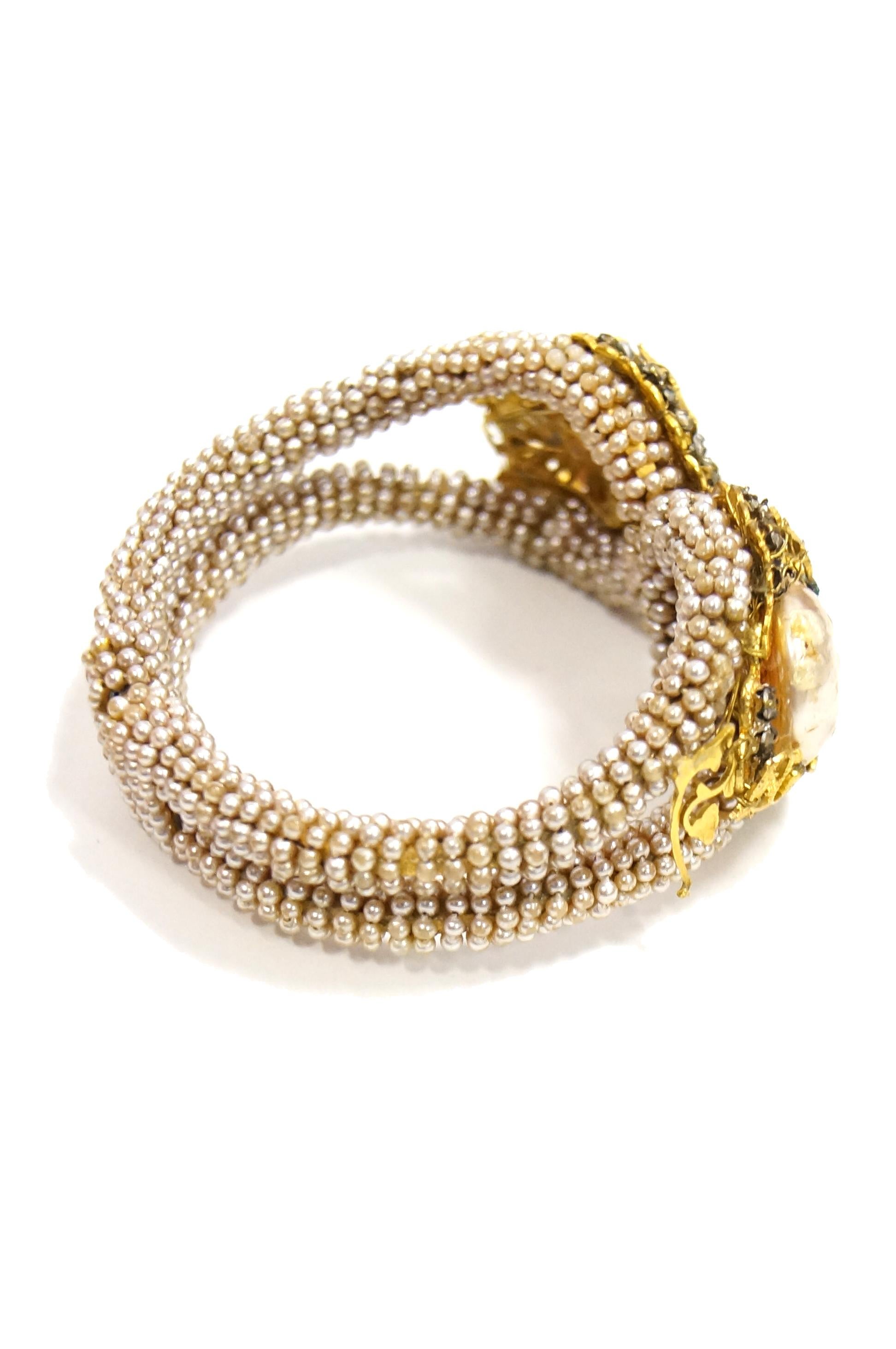Women's 1950s Miriam Haskell Baroque Pearl & Rhinestone Floral Cuff Bracelet