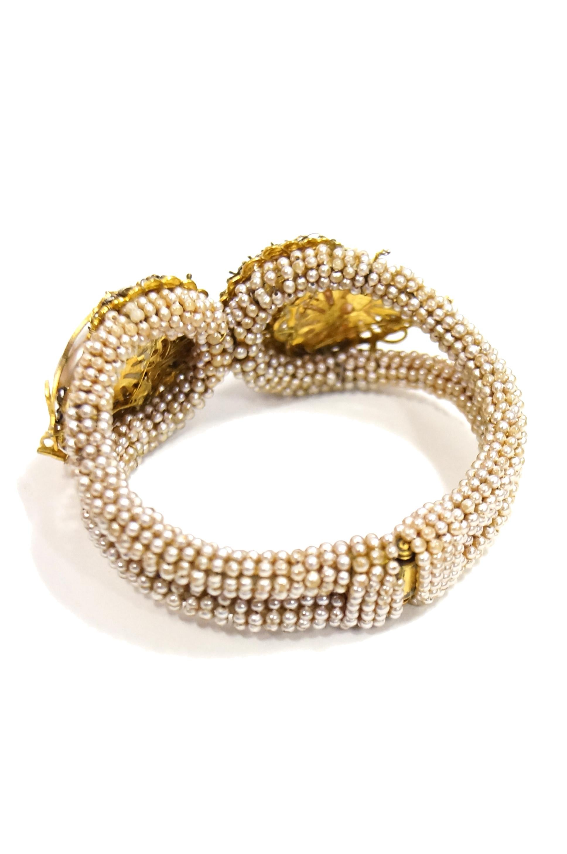 1950s Miriam Haskell Baroque Pearl & Rhinestone Floral Cuff Bracelet 1