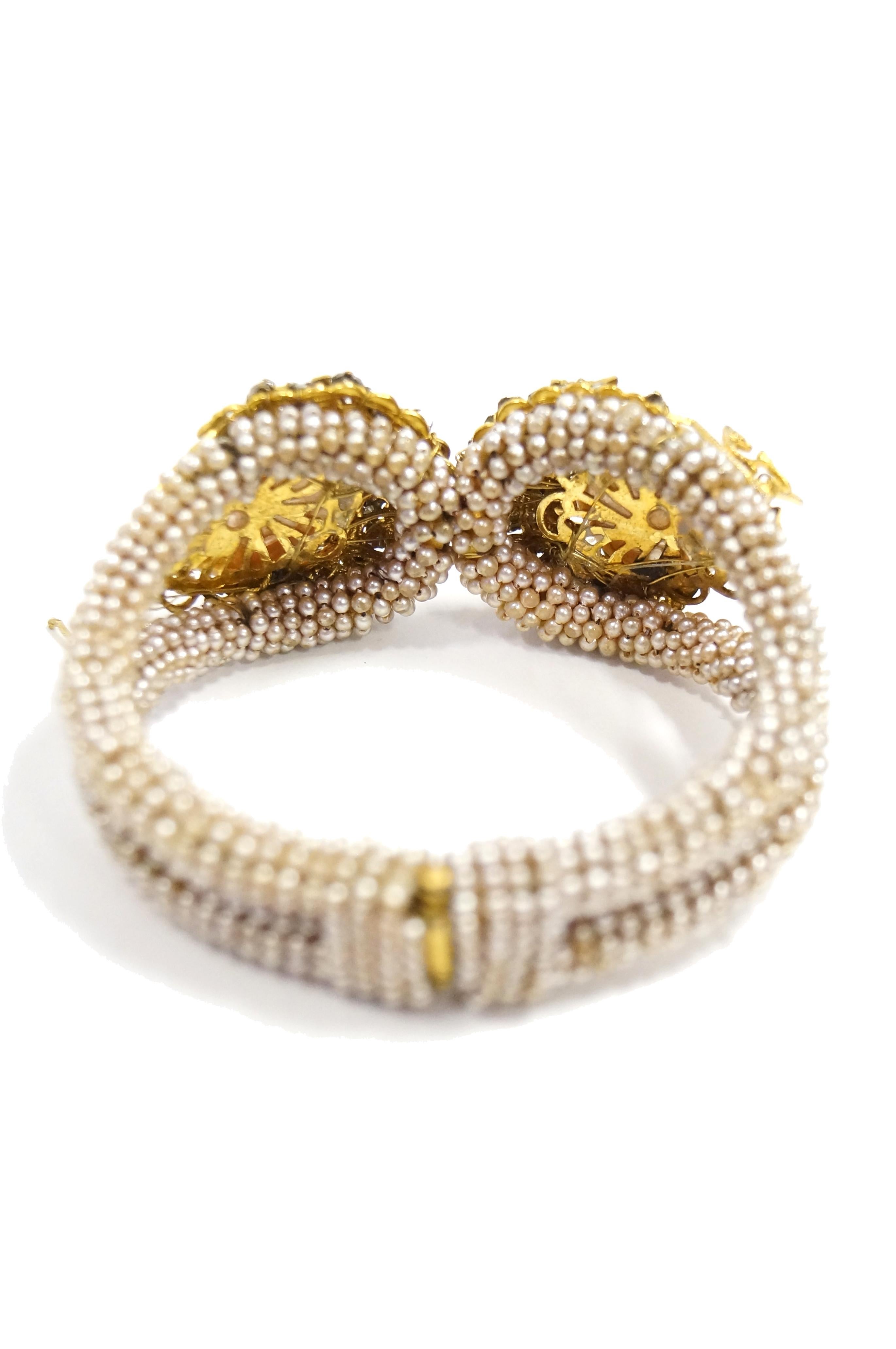 1950s Miriam Haskell Baroque Pearl & Rhinestone Floral Cuff Bracelet 2
