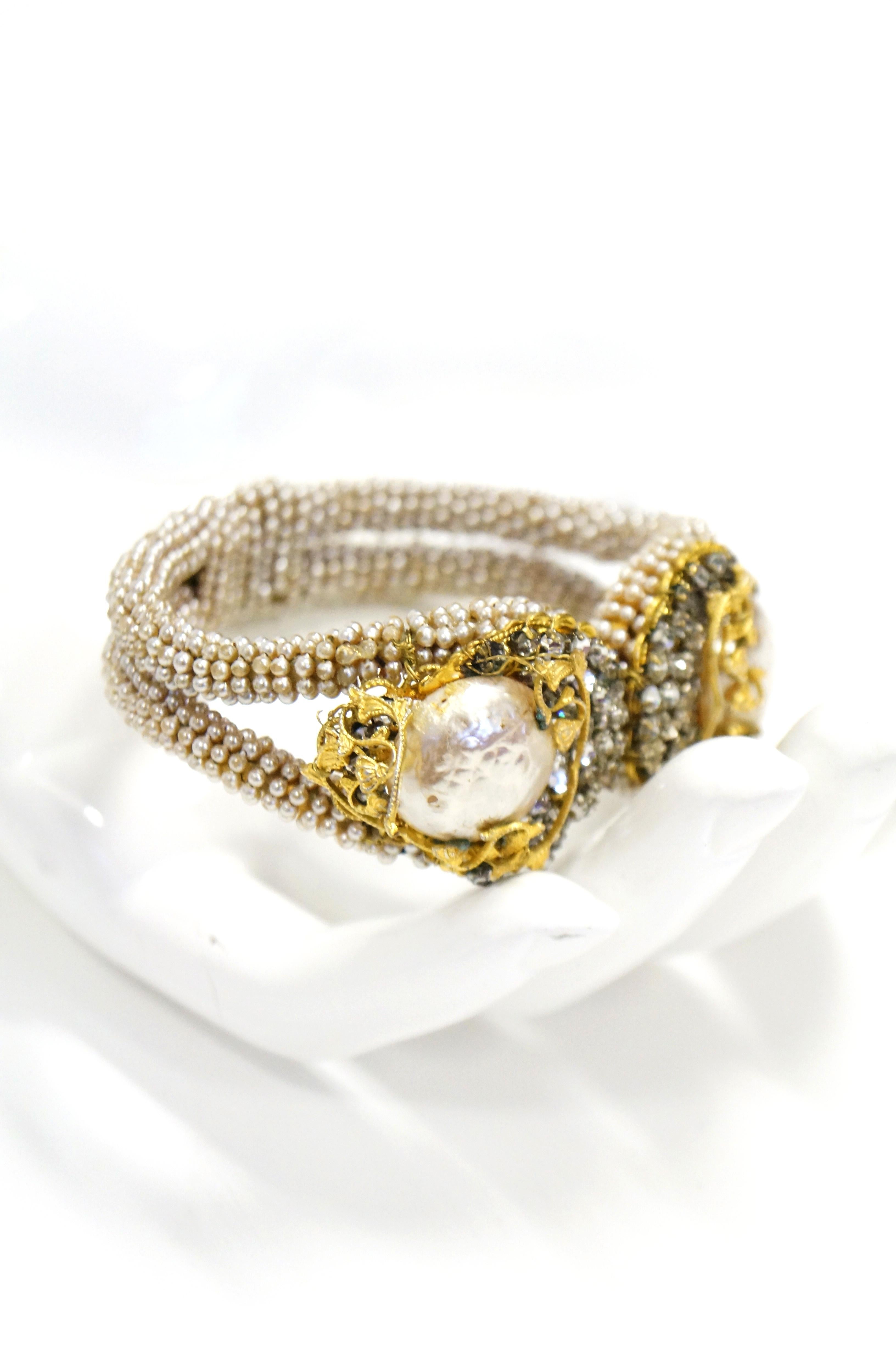 1950s Miriam Haskell Baroque Pearl & Rhinestone Floral Cuff Bracelet 3