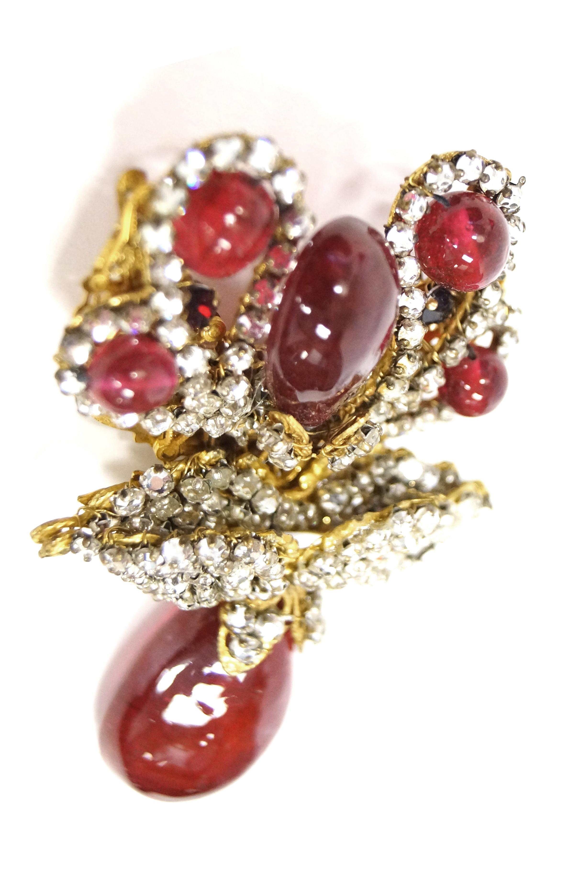 1960s Miriam Haskell Ruby Pate de Verre and Rose Monte Drop Brooch In Good Condition In Houston, TX