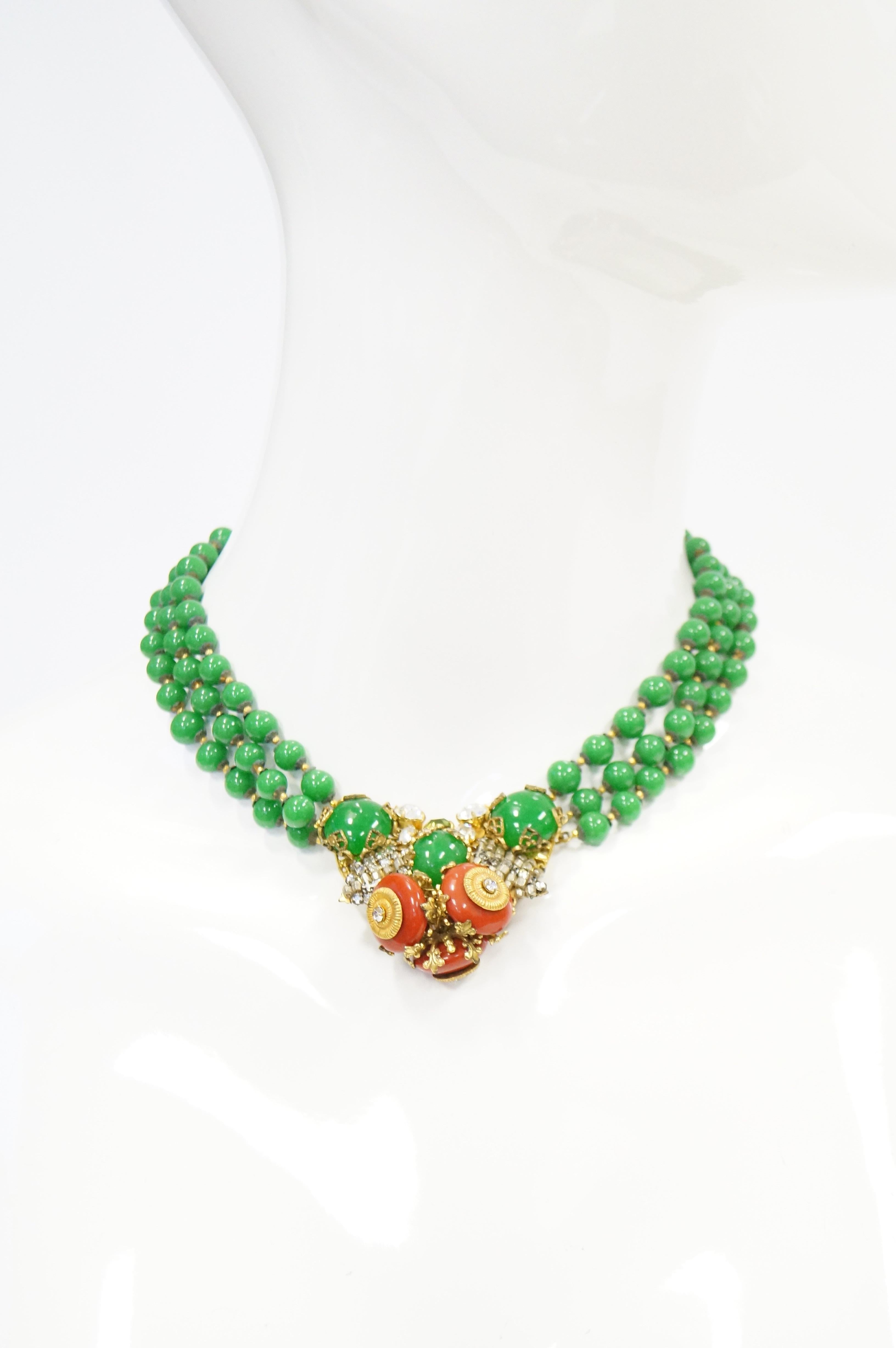 1950s Miriam Haskell Green and Umber Glass and Rhinestone Floral Choker 6